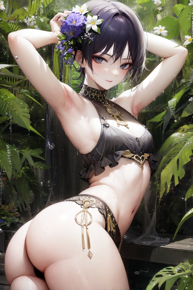 ai generated, ass, closed mouth, curvy, curvy figure, femboy, feminine male, ganyuishot7, genshin impact, girly, hair flower, hair ornament, jewelry, lingerie, looking at viewer, looking back, male, otoko no ko, otokonoko, outdoors, panties, purple eyes, purple hair, scaramouche (genshin impact), stable diffusion, thick ass, thick thighs, water, wide hips