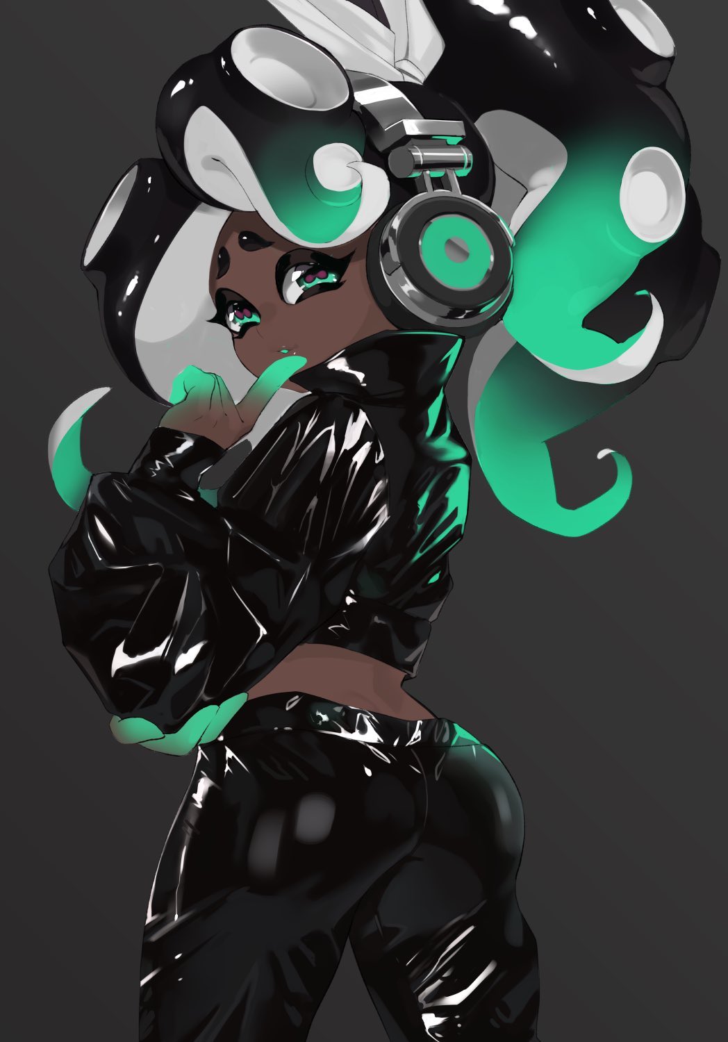 ass, bubble ass, bubble butt, finger on lip, latex, latex clothing, latex legwear, marina (splatoon), splatoon, splatoon (series), splatoon 2