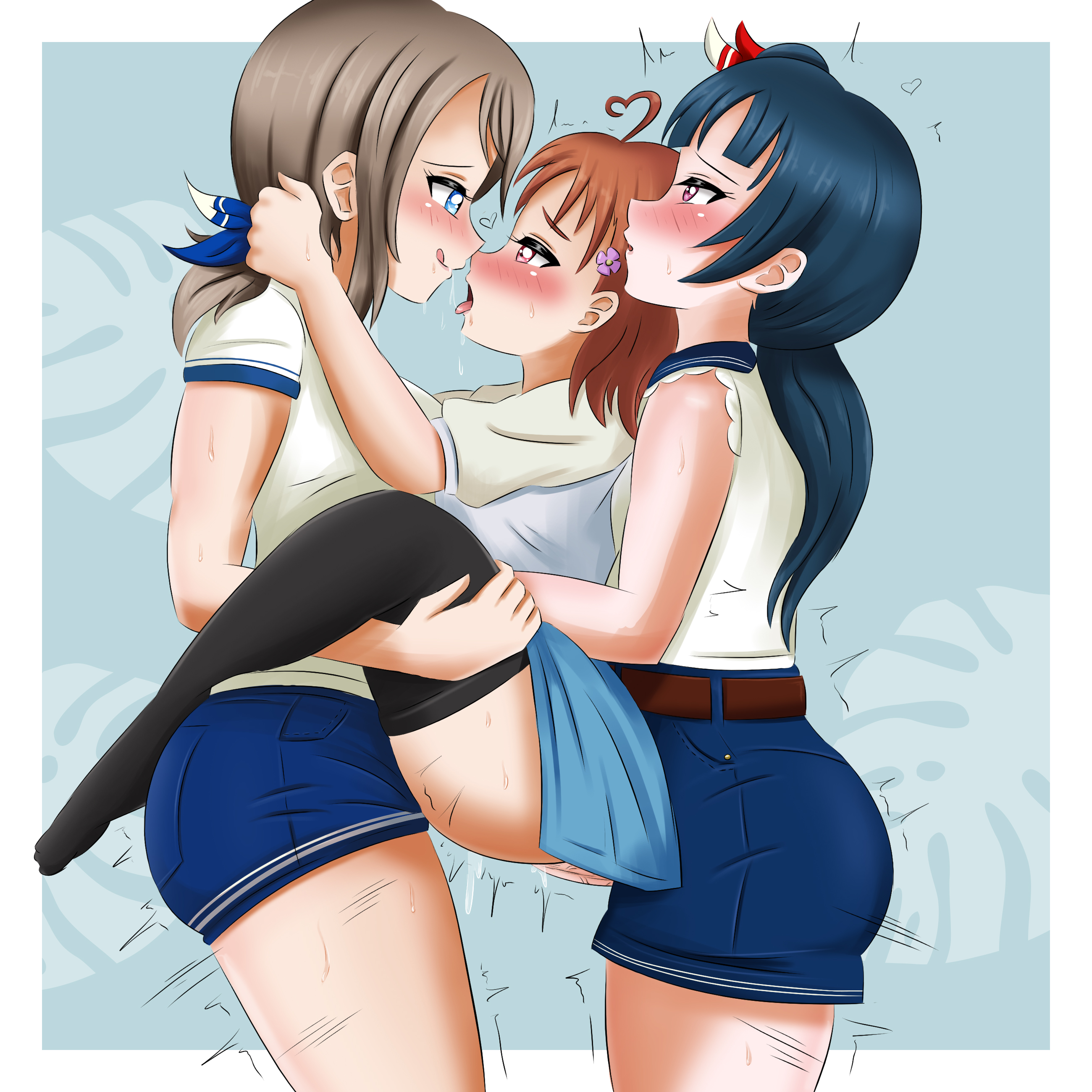 1girls, 2futas, ahoge, anal penetration, black socks, black thighhighs, blue hair, blush, brown hair, clothed sex, cum, cum inside, danzfloor, dark blue hair, double penetration, female, futa on female, futanari, intersex, legwear, light skin, light-skinned female, love live!, love live! sunshine!!, no shoes, pussy, sandwiched, shorts, skirt, skirt up, socks, standing, standing sex, suspended double penetration, takami chika, taken from behind, thighhighs, threesome, tsushima yoshiko, vaginal penetration, watanabe you, white shirt