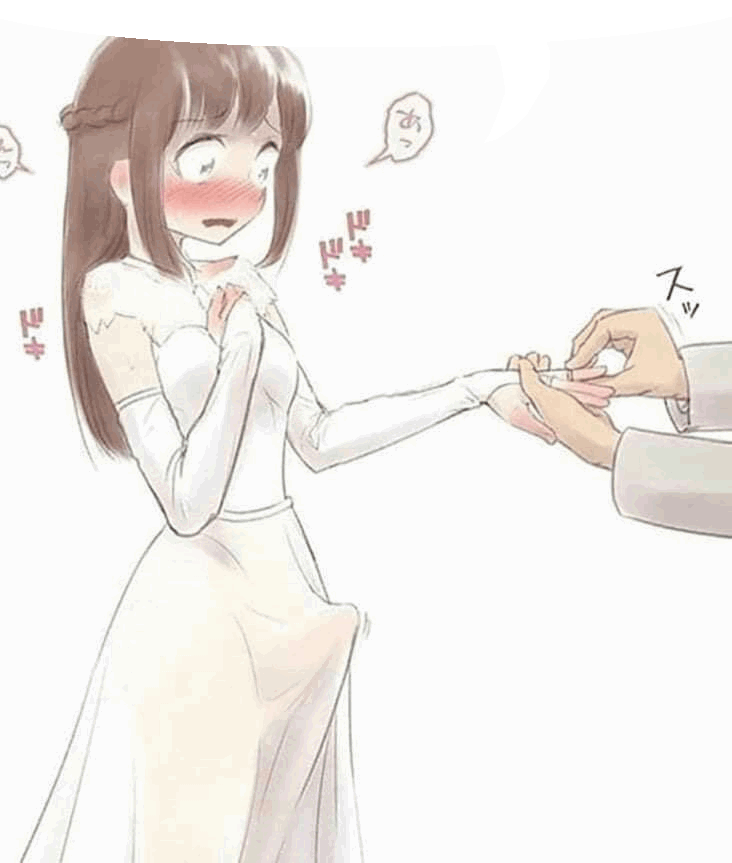 artist request, brown hair, embarrassed, erection, erection under clothing, femboy, reaction gif, reaction image, translation request, wedding, wedding dress, wedding ring