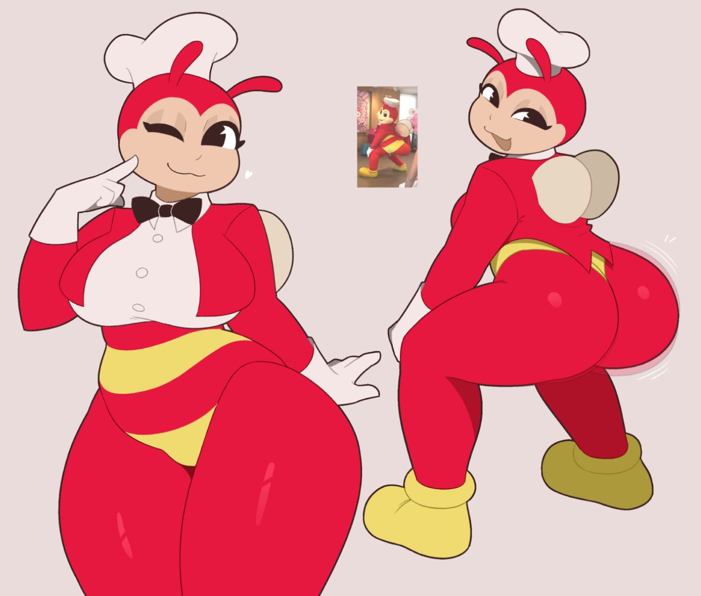 1female, 1girls, 2025, 2d, 2d (artwork), anthro, ass, bee, bee girl, big ass, big butt, exqmaster, female, jollibee, jollibee (mascot), mascot, red body, reference image, shaking ass, shaking butt, solo, solo female, twerking, wink