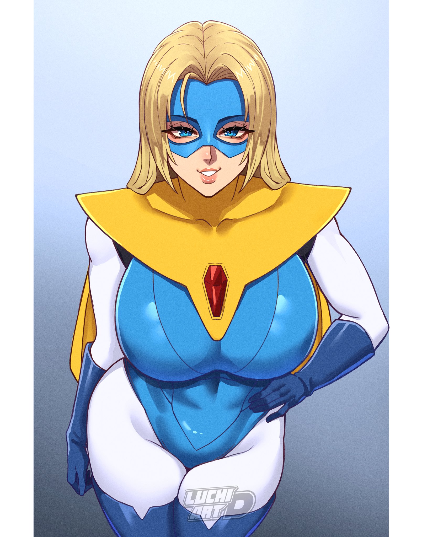 1girls, big breasts, big thighs, blonde, blonde blazer, blonde female, blonde hair, blonde hair female, blue eyes, blue legwear, blue leotard, breasts, cape, curvaceous, curvaceous body, curves, curvy, curvy body, dispatch (game), female, female only, gloves, highres, large breasts, leotard, light skin, light-skinned female, lips, lipstick, looking at viewer, luchidart, mask, smile, solo, superhero, thick thighs