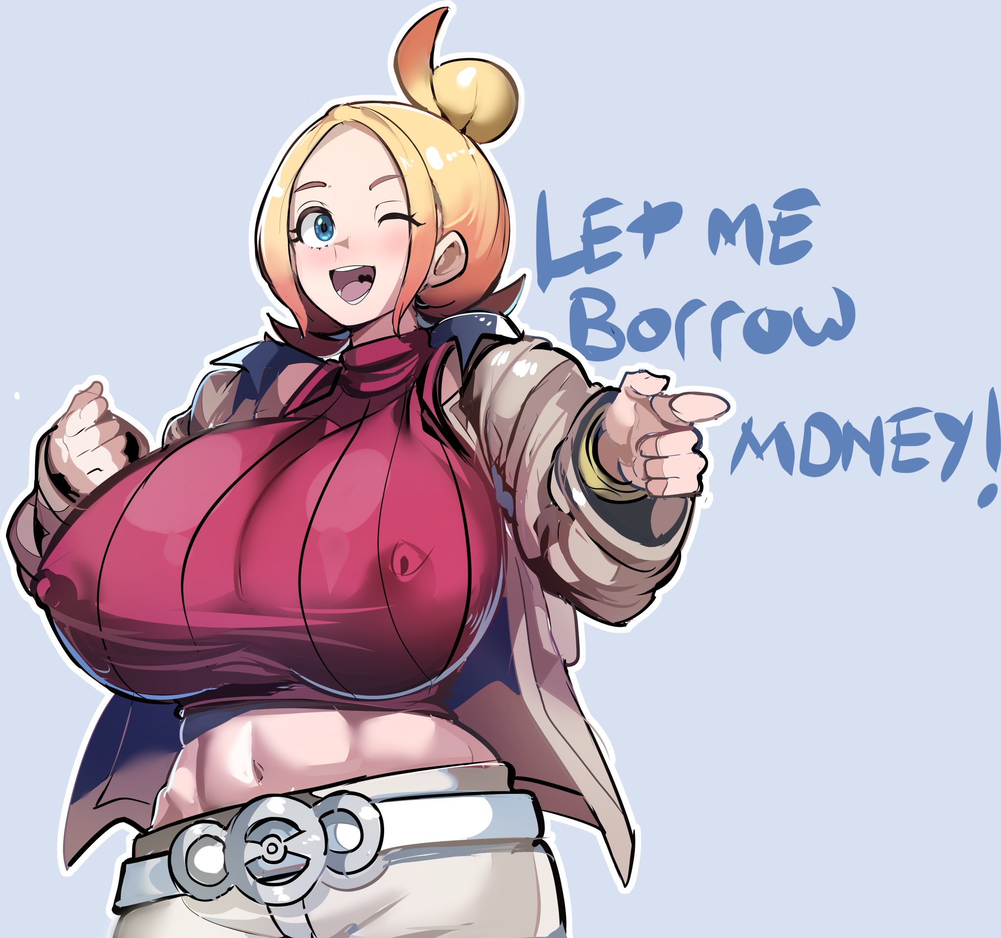 1girls, aditya draws, blonde hair, brown jacket, covered erect nipples, english text, female focus, huge breasts, julioalqae, midriff, navel, pokemon, pokemon legends: z-a, short hair, solo, taunie (pokemon), townie (pokemon), white background, wink