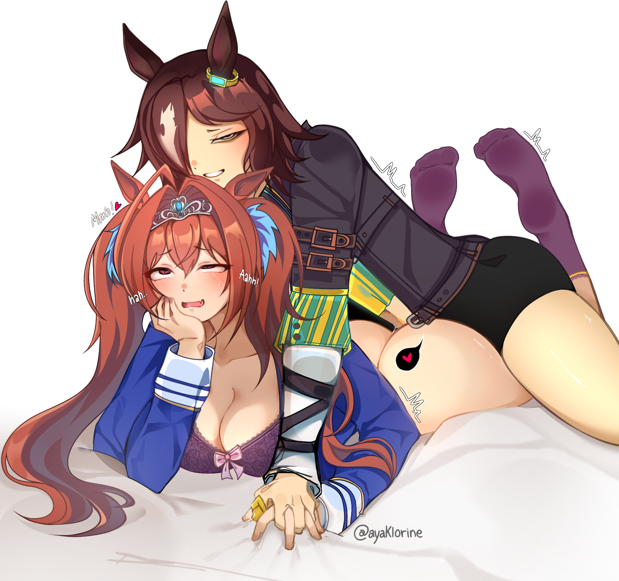 1futa, 2girls, animal ears, animal humanoid, antenna hair, anthromorph, ass, ayaklorine, big chest, blush, blushing face, blushing female, blushing futa, breasts, brown hair, chest, clothing, daiwa scarlet (umamusume), duo, duo female, female, female penetrated, futa on female, futa with female, futanari, hair accessory, hair between eyes, horse ears, horse tail, horsehorse girl, long hair, saliva, short hair, sweat, tail, thighs, tiara, traced, umamusume, umamusume pretty derby, vodka (umamusume), yuri