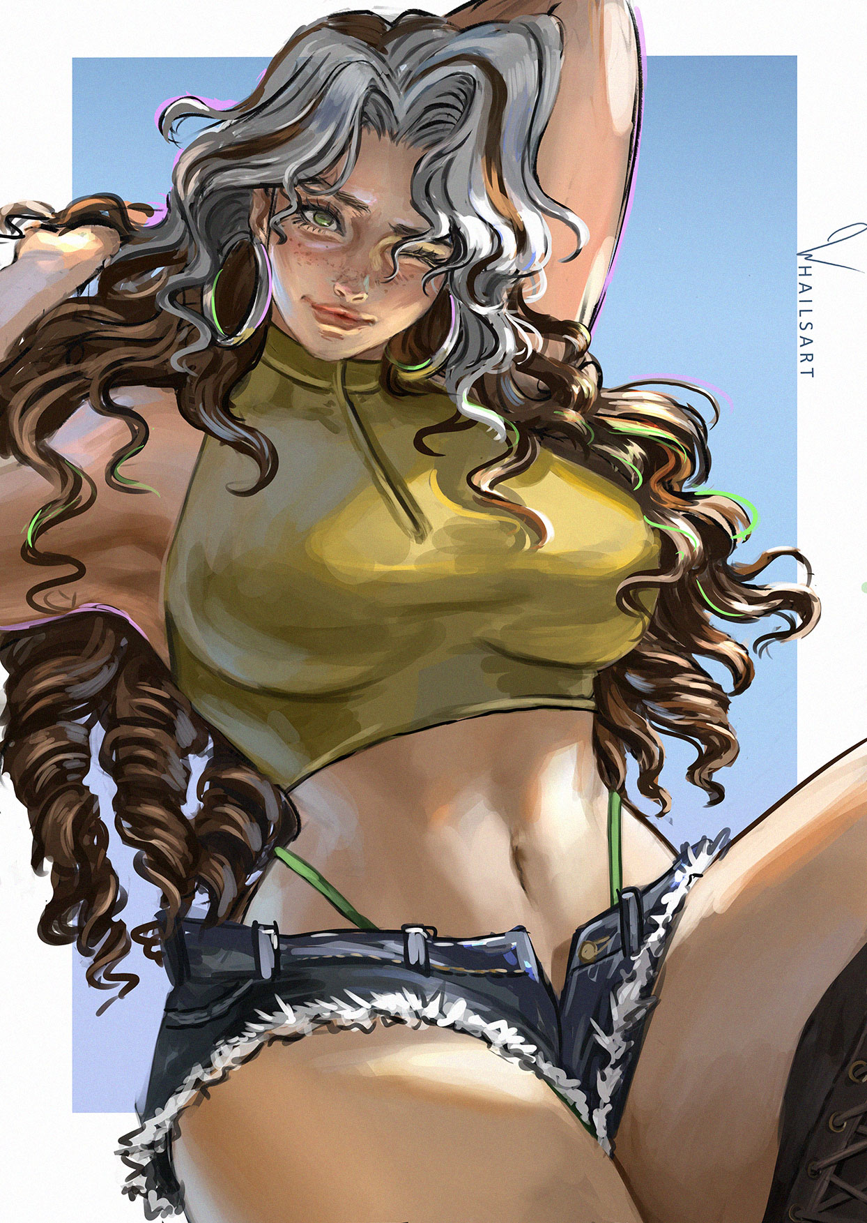 1girls, breasts, female, female focus, female only, freckles, large breasts, light skin, light-skinned female, looking at viewer, marvel, marvel rivals, midriff, rogue (marvel rivals), rogue (x-men), solo, thick thighs, thighs, whailsart, wide hips, x-men