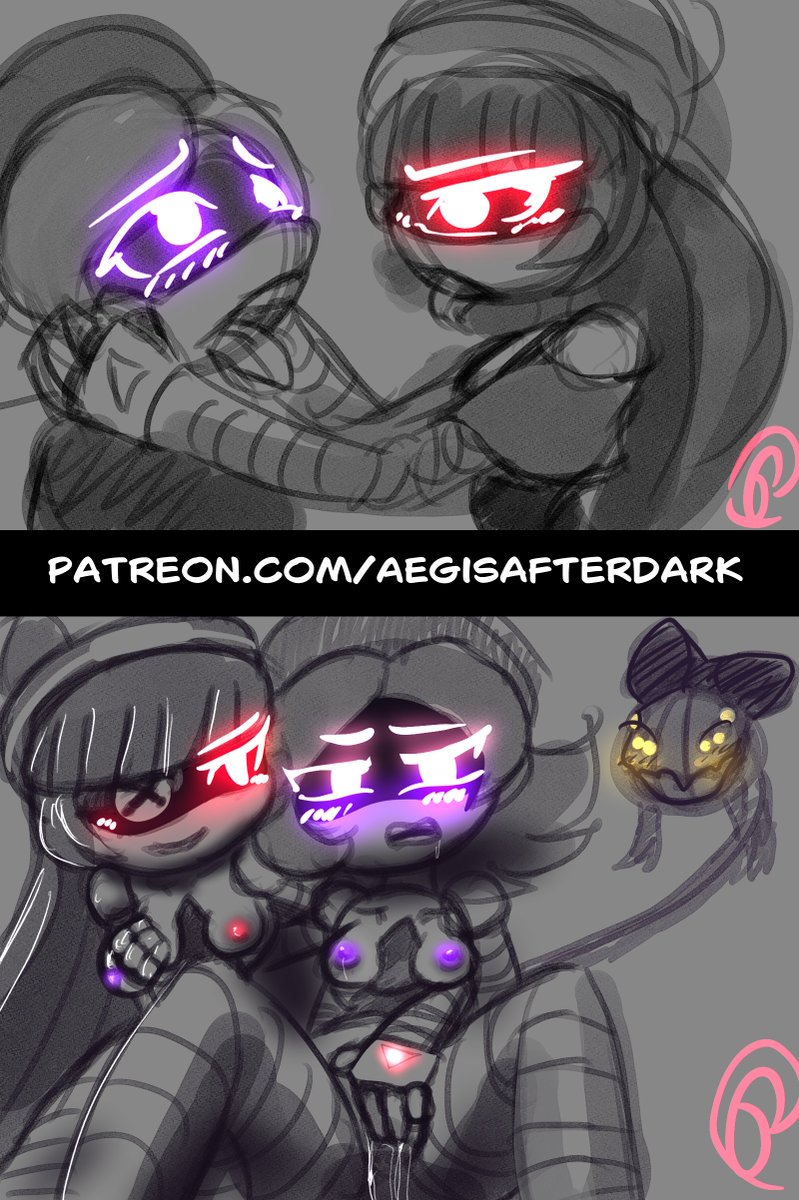 2d, 2girls, aegisafterdark, blush, blushing at viewer, cyn (murder drones), cyn tail (murder drones), doll (murder drones), embarrassed, embarrassed female, eyepatch, female, female only, fingering, glitch productions, glowing eyes, glowing genitalia, gradient eyes, groping, groping breasts, groping from behind, monochrome, murder drones, naked, purple eyes, red eyes, sketch, sketch page, tongue kiss, tongue out, uzi (murder drones), yuri