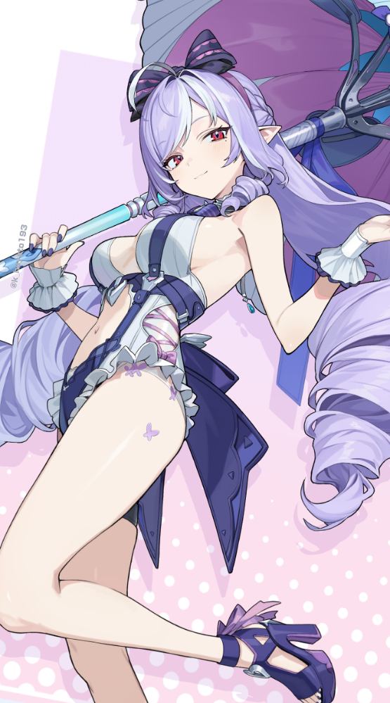 1girls, breasts, exposed breasts, female, hoyoverse, legs, long hair, mihoyo, official alternate costume, purple hair, red eyes, swimsuit, vivian banshee, vivian banshee (iris of the shore), white swimsuit, zenless zone zero