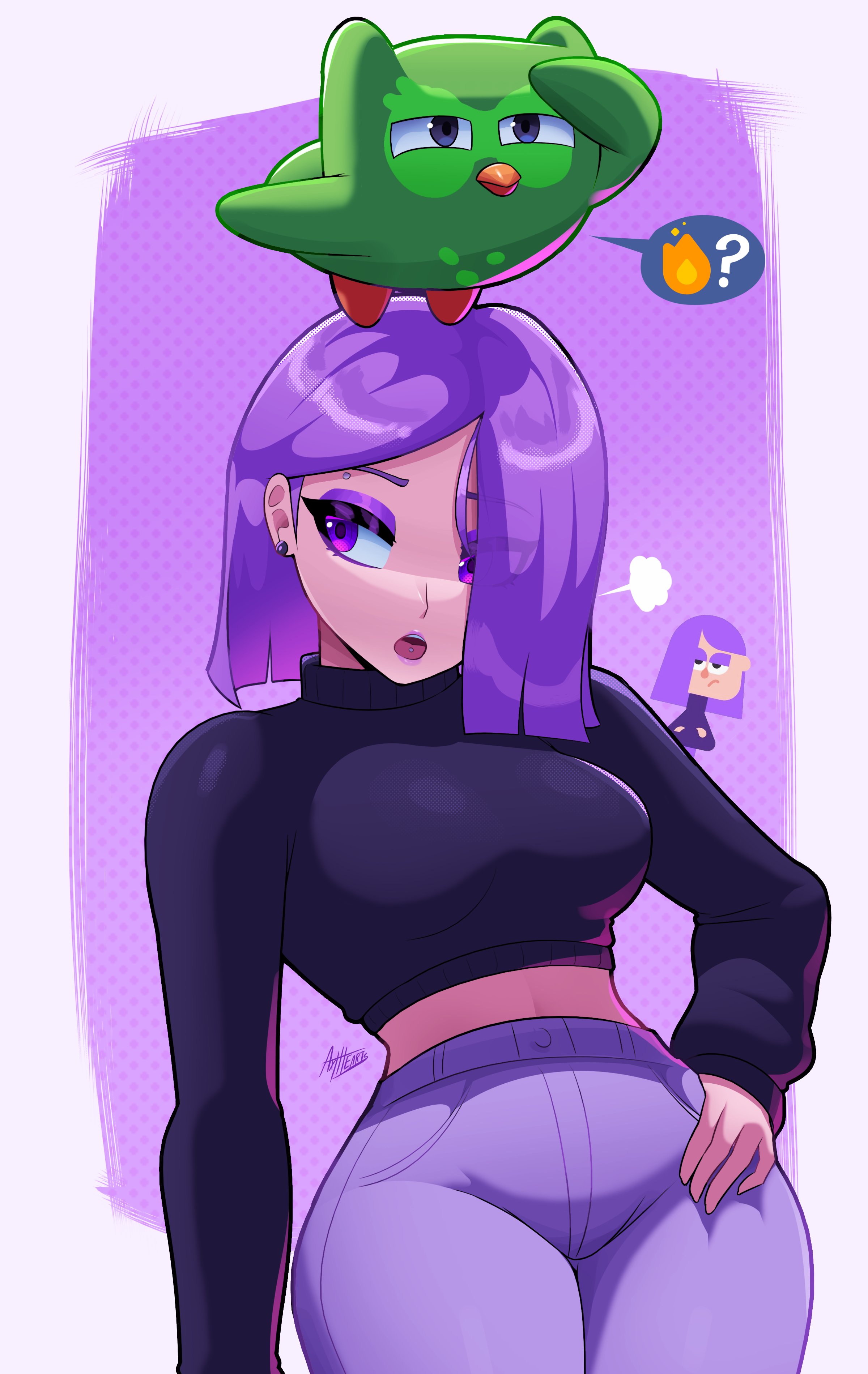 1girls, axlhearts, breasts, duo (duolingo), duolingo, earrings, female, female only, hair over one eye, hand on hip, hips, jewelry, large breasts, lily (duolingo), long hair, looking at viewer, midriff, pants, purple background, purple eyes, purple hair, sweater, thick thighs, thighs, turtleneck