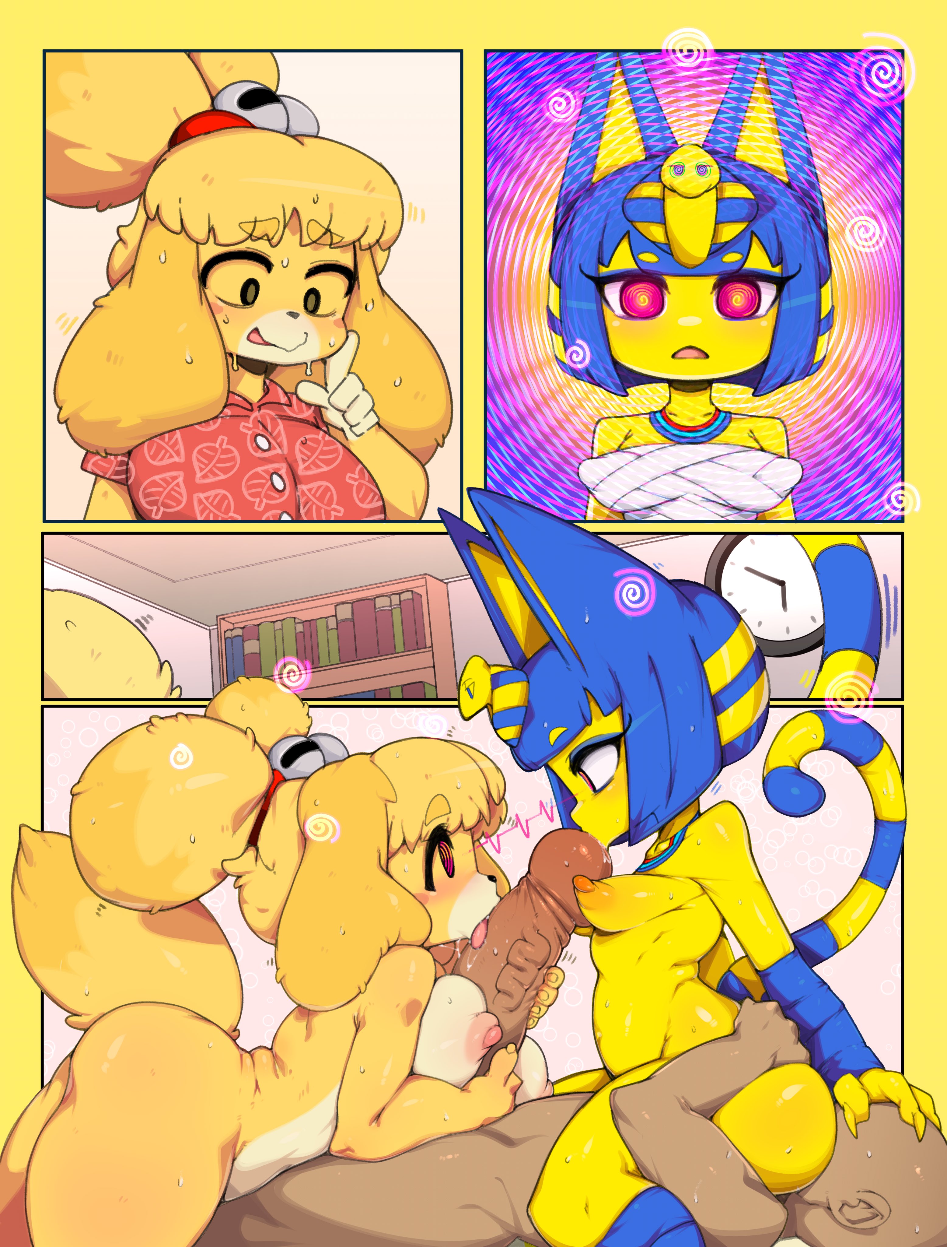 1boy, 1boy2girls, 2girls, animal crossing, animal crossing new horizons, ankha, ankha (animal crossing), anthro, areolae, big penis, blonde hair, blue hair, breasts, canine, comic, completely nude, completely nude female, domestic cat, domestic dog, egyptian, eye contact, facesitting, feline, furry, hypnosis, hypnotized, isabelle (animal crossing), kissing penis, licking, licking penis, nipples, no text version, oral, oral sex, paizuri, penis, penis between breasts, pussy, slugbox, thick thighs, threesome, villager (animal crossing)