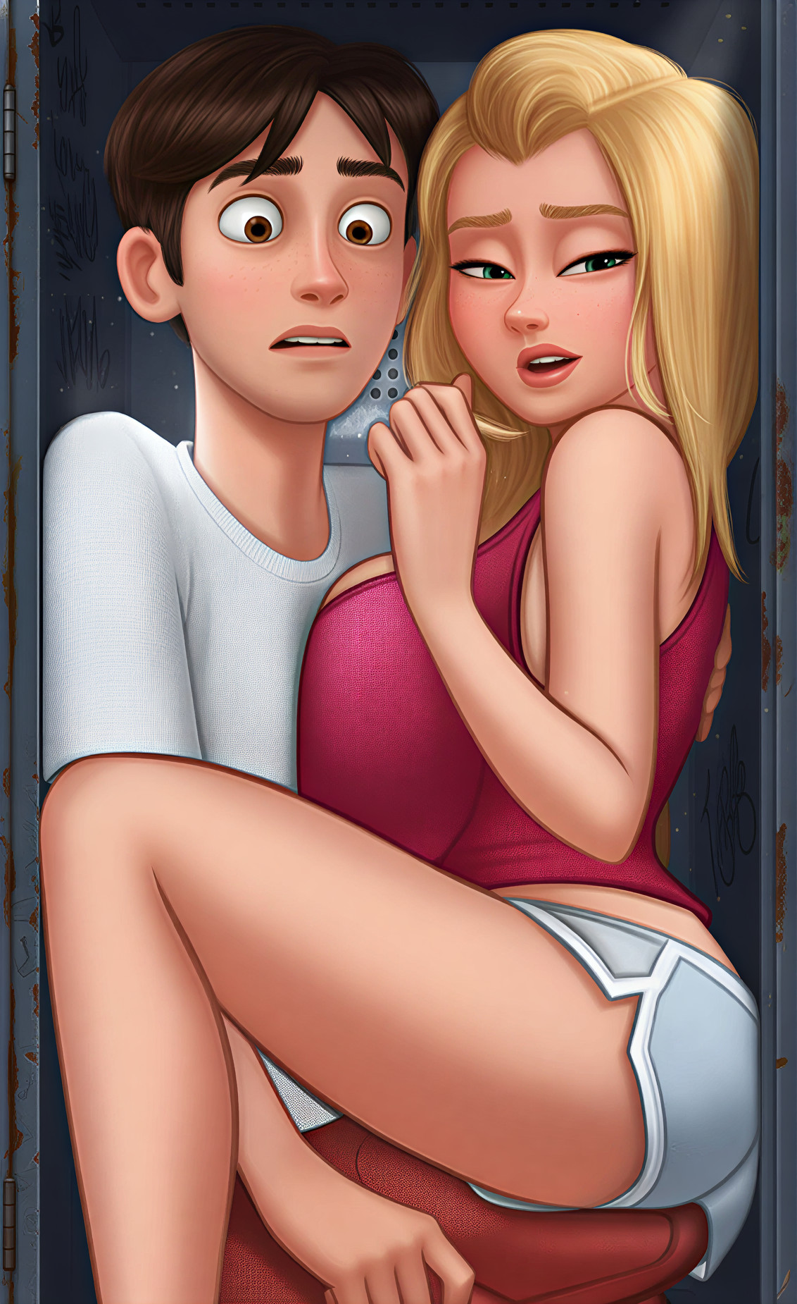1boy, 1boy1girl, 1girls, 2d, 2d (artwork), ai generated, big breasts, big penis, blonde hair, blue eyes, bottomwear, bra, breast press, breast squeeze, breasts, brown hair, bulge, bulge through clothing, cleavage, clothed, clothing, digital drawing (artwork), digital media (artwork), ear piercing, earrings, female, grinding, grinding on penis, grinding through clothes, hallway, hi res, hiding, high quality, high resolution, highres, huge cock, inside, leg up, light skin, light-skinned female, light-skinned male, locker, long hair, looking at partner, looking down, looking pleasured, main character (summertime saga), male, male/female, pants, penis, pleasure face, pussy, roxxy (summertime saga), rubbing, rubbing against, rubbing pussy, school, shirt, shorts, standing, summertime saga, tank top, teasing, teenage girl, teenager, thick thighs, topwear