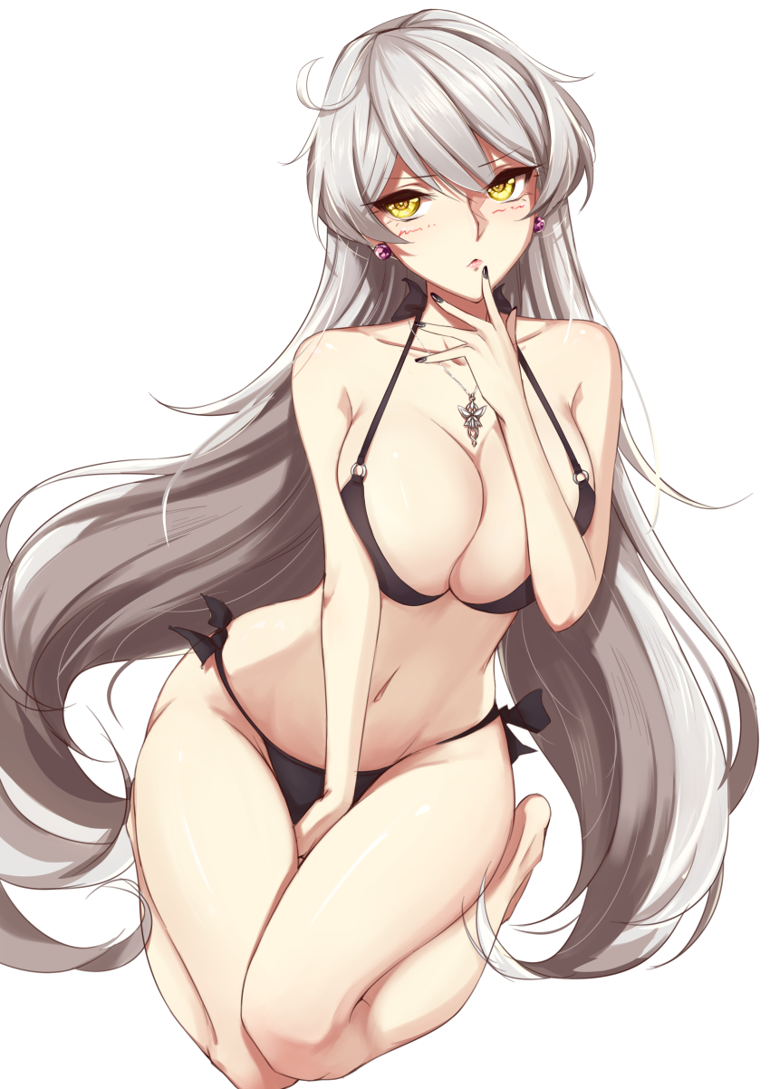 1girls, absurd res, arm up, bare arms, bare legs, bare shoulders, belly, belly button, big breasts, black nails, black swimsuit, black underwear, blush, bra, breast squish, breasts, cleavage, collar, collarbone, curvy, earrings, female, female focus, female only, finger to mouth, golden eyes, hand between legs, highre, highres, hips, hips wider than shoulders, honkai (series), honkai impact 3rd, honkai: star rail, huge breasts, kiana kaslana, kiana kaslana (herrscher of the void), long hair, looking at viewer, o-ring, o-ring bikini, on knees, panties, simple background, solo, stomach, swimsuit, thick thighs, thighs, underwear, white hair, yellow eyes