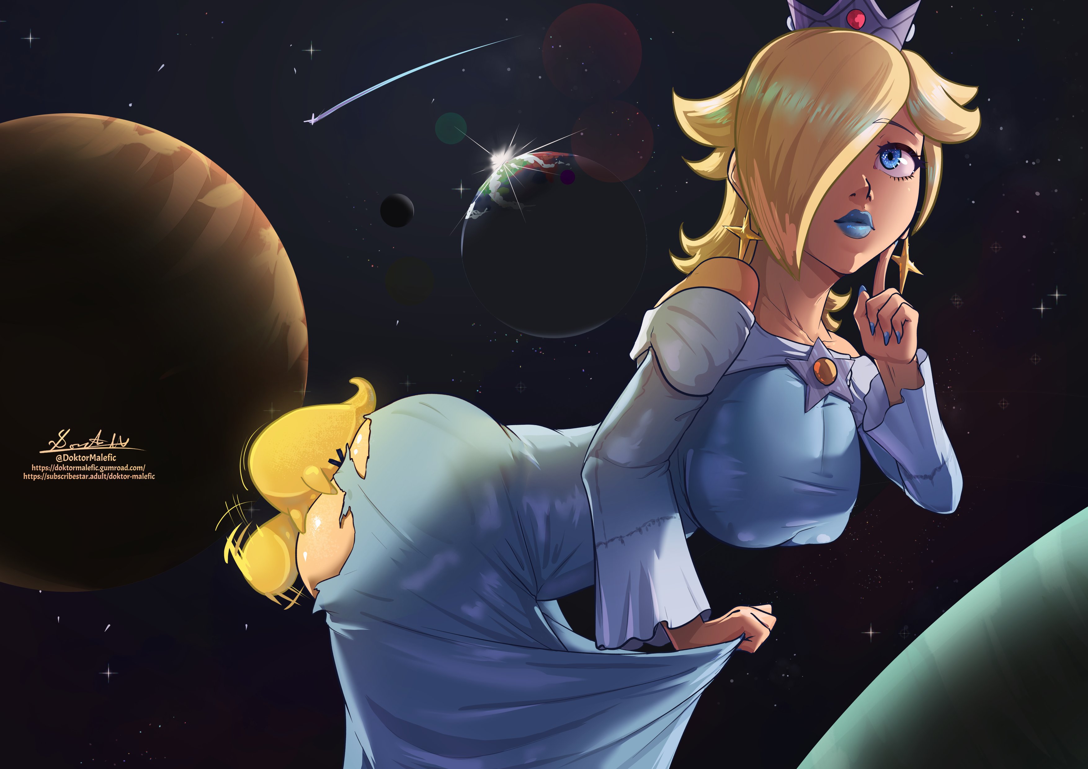 1boy1girl, big ass, big breasts, big penis, blonde hair, blue dress, blue lipstick, blue nails, crown, doktor malefic, dress, hair over one eye, larger female, lipstick, luma, mario (series), penetration, penis, princess, princess rosalina, sex, sex from behind, sex through torn clothes, small but hung, smaller male, super mario bros., super mario galaxy