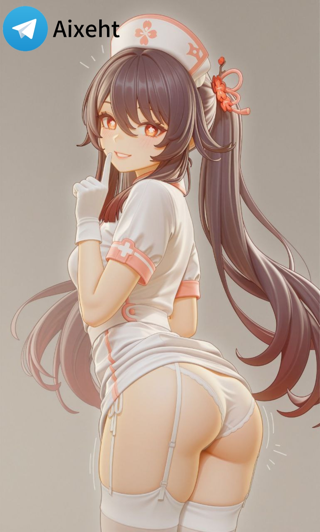 1girls, ai generated, ass, breasts, female, female only, from behind, genshin impact, hu tao (genshin impact), light-skinned female, nurse, nurse cap, nurse uniform, panties, showing ass, solo, thighs