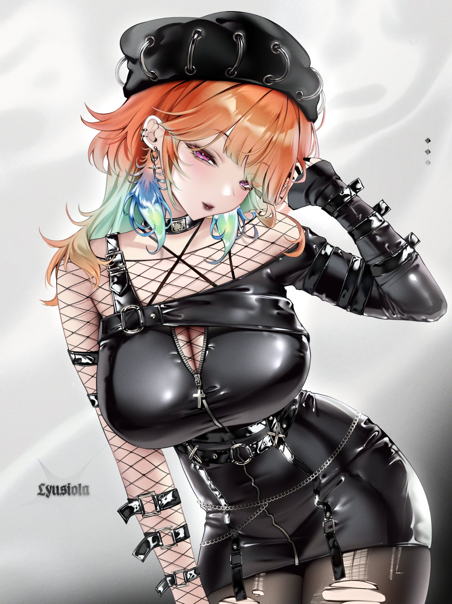1girls, asymmetrical clothes, asymmetrical gloves, black dress, black lipstick, choker, clothed, female, female only, fishnet clothing, fishnet topwear, fishnets, goth, hololive, hololive english, large breasts, lyusiola, orange hair, panties visible through clothing, ripped stockings, solo, stockings, straps, sultry eyes, takanashi kiara, tight clothing, tight dress, virtual youtuber, white background