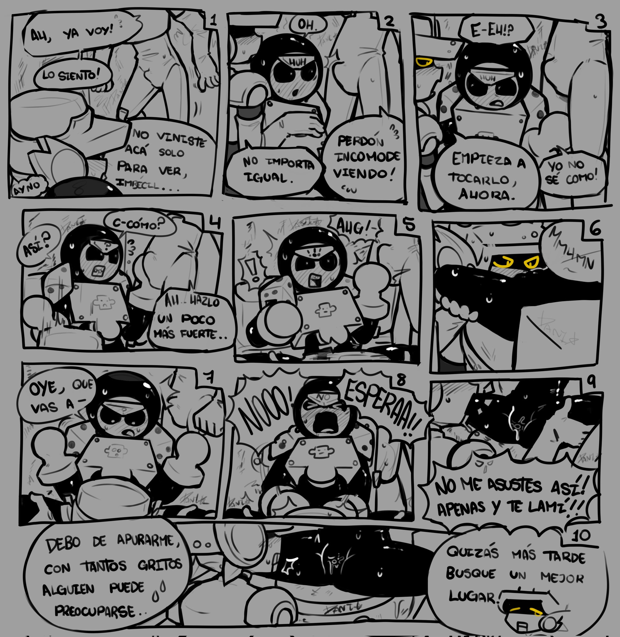 3boys, bodily fluids, boner, brawl stars, comic, comic page, comic panel, cuntboy, deadkokoo, dialogue, exposed pussy, gay, intersex, larry (brawl stars), lawrie (brawl stars), line art, male, male only, male/male, meeple (brawl stars), penis under clothes, pleasure face, pleasured, presenting pussy, pussy, robot, spanish text, speech bubble, spread legs, supercell, tagme, text, vagina