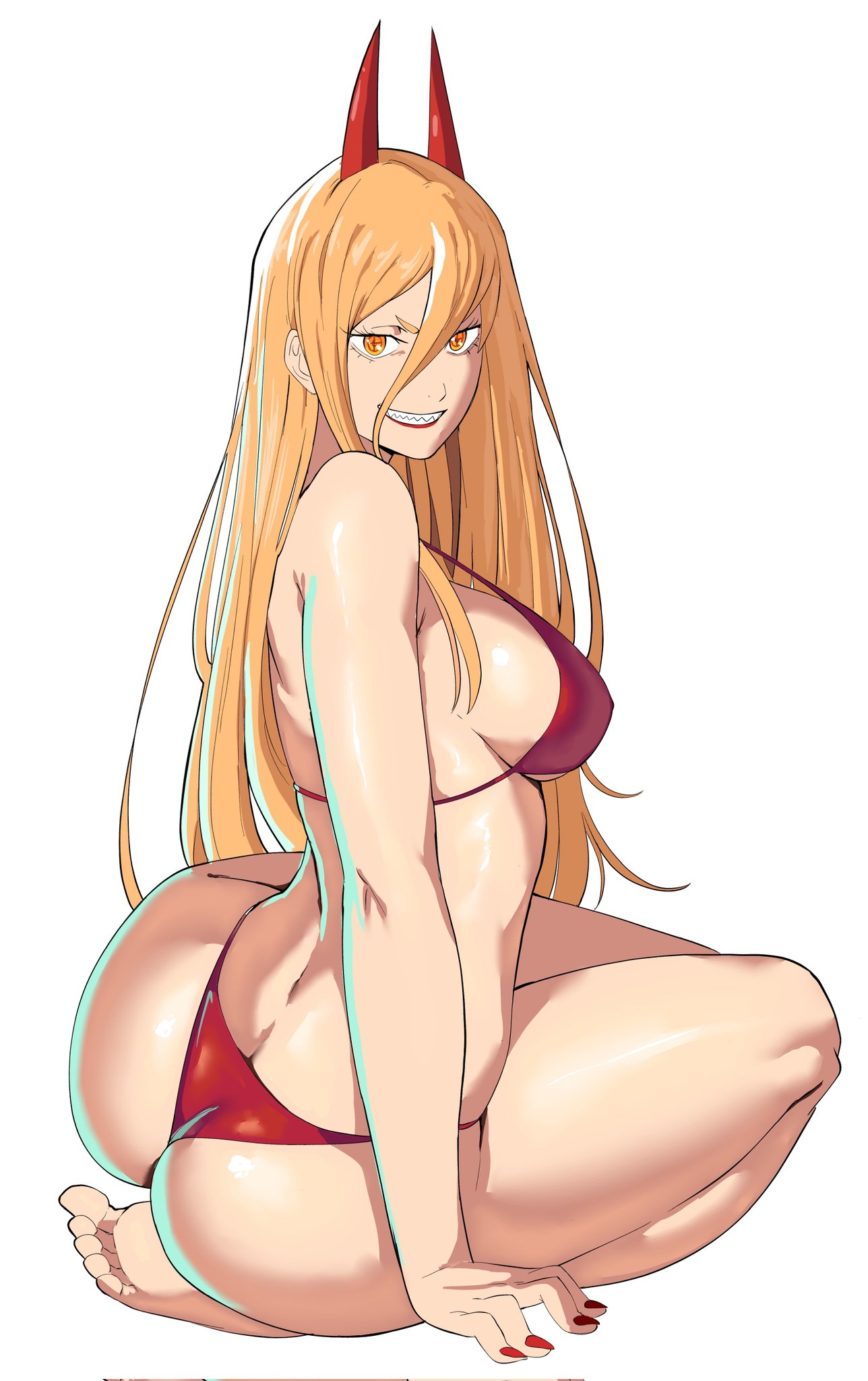 1girls, ass, barefoot, big ass, bikini, blonde hair, breasts, bubble butt, chainsaw man, fat ass, female, female only, horns, huge ass, kneeling, large ass, long hair, looking at viewer, looking back, octavius dp, on knees, power (chainsaw man), solo, swimsuit, thick ass, thick thighs, wide hips