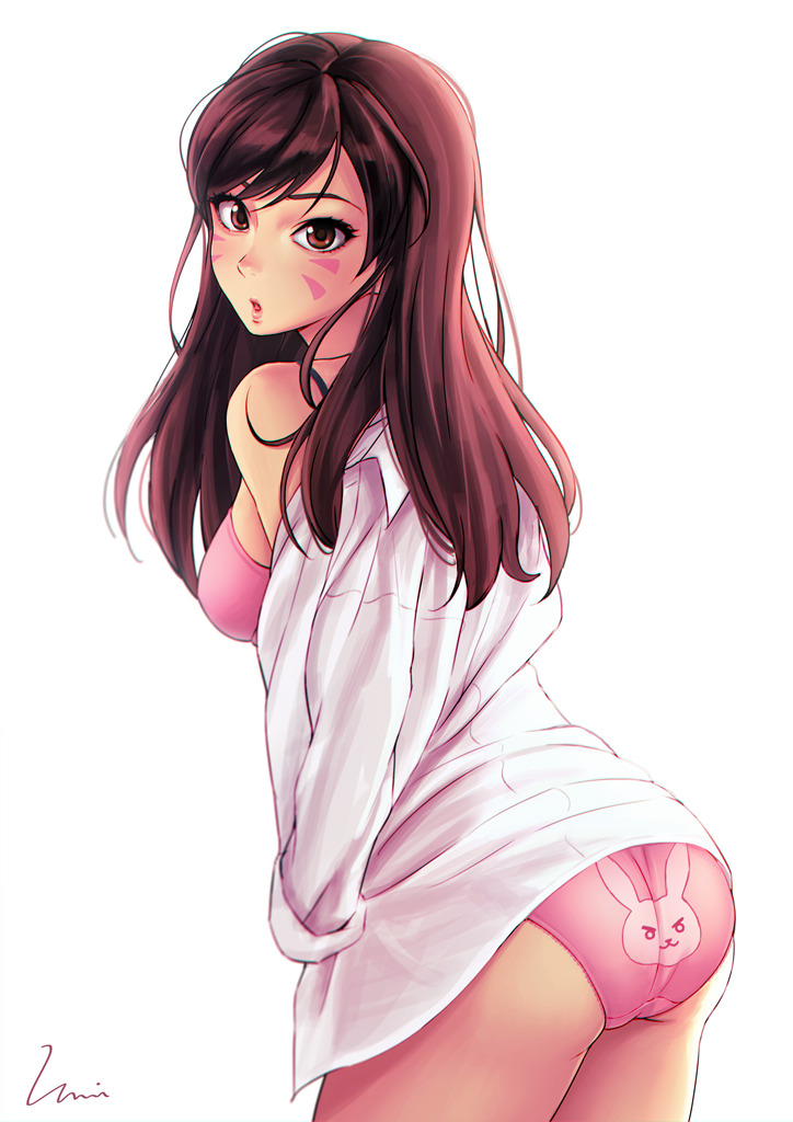 1girls, asian, blizzard entertainment, bra, breasts, brown hair, d.va, female, female only, long hair, looking at viewer, overwatch, panties, pinup, print panties, softcore, solo, umitaro, video games