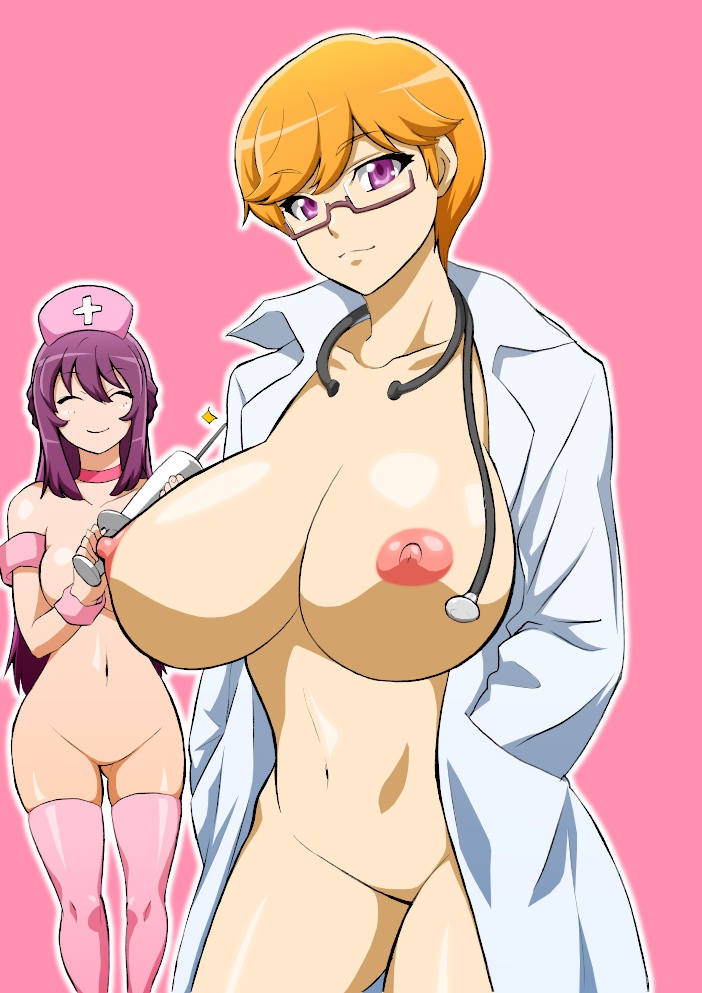 2girls blonde_hair breasts doctor glasses hokuto_(pixiv) hokuto_(tokuho) huge_breasts multiple_girls nipples nurse purple_eyes purple_hair smile