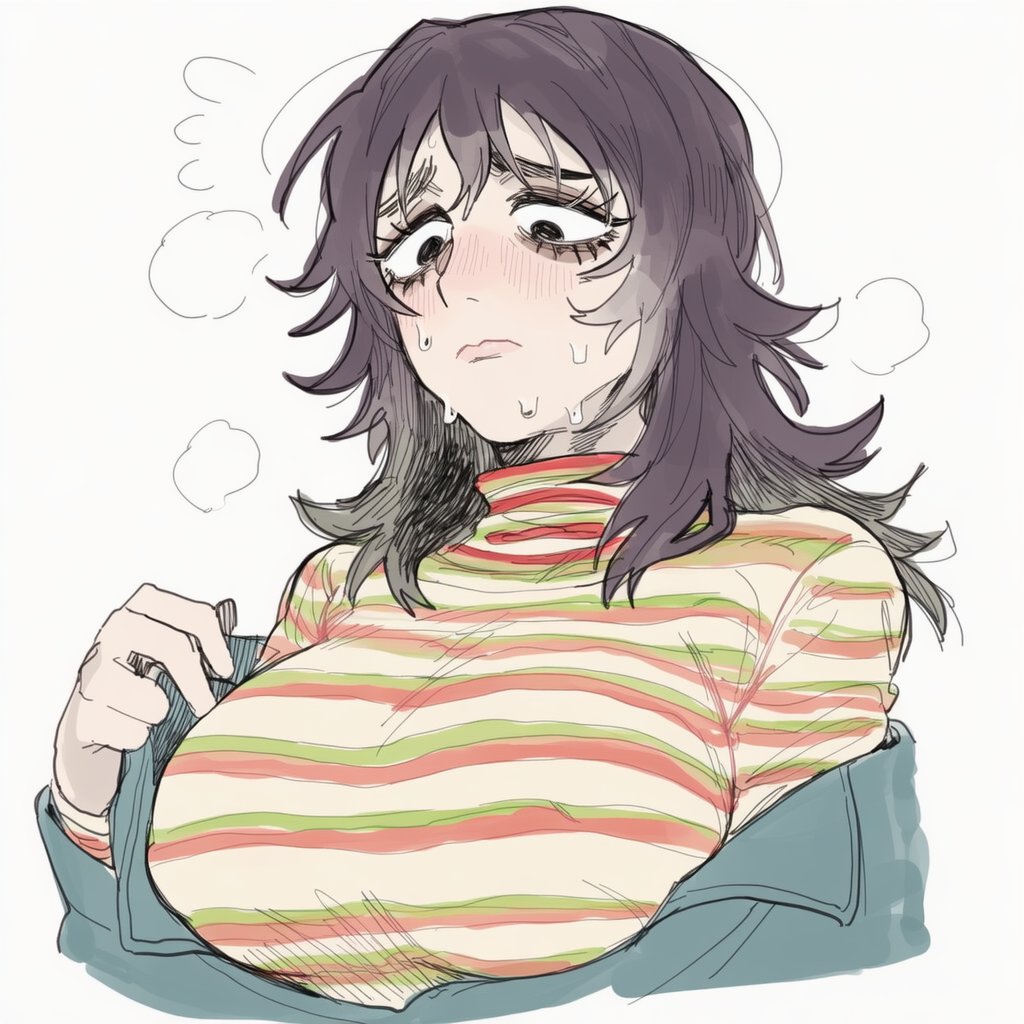 ai generated, anya (mouthwashing), bangs, big breasts, black hair, blush, breasts, female, female only, lapis slopzuli, large breasts, long sleeves, looking at viewer, messy hair, mouthwashing, shirt, solo, steam, striped, striped shirt, sweat, upper body, uravity98114, vertical stripes, vertical-striped shirt