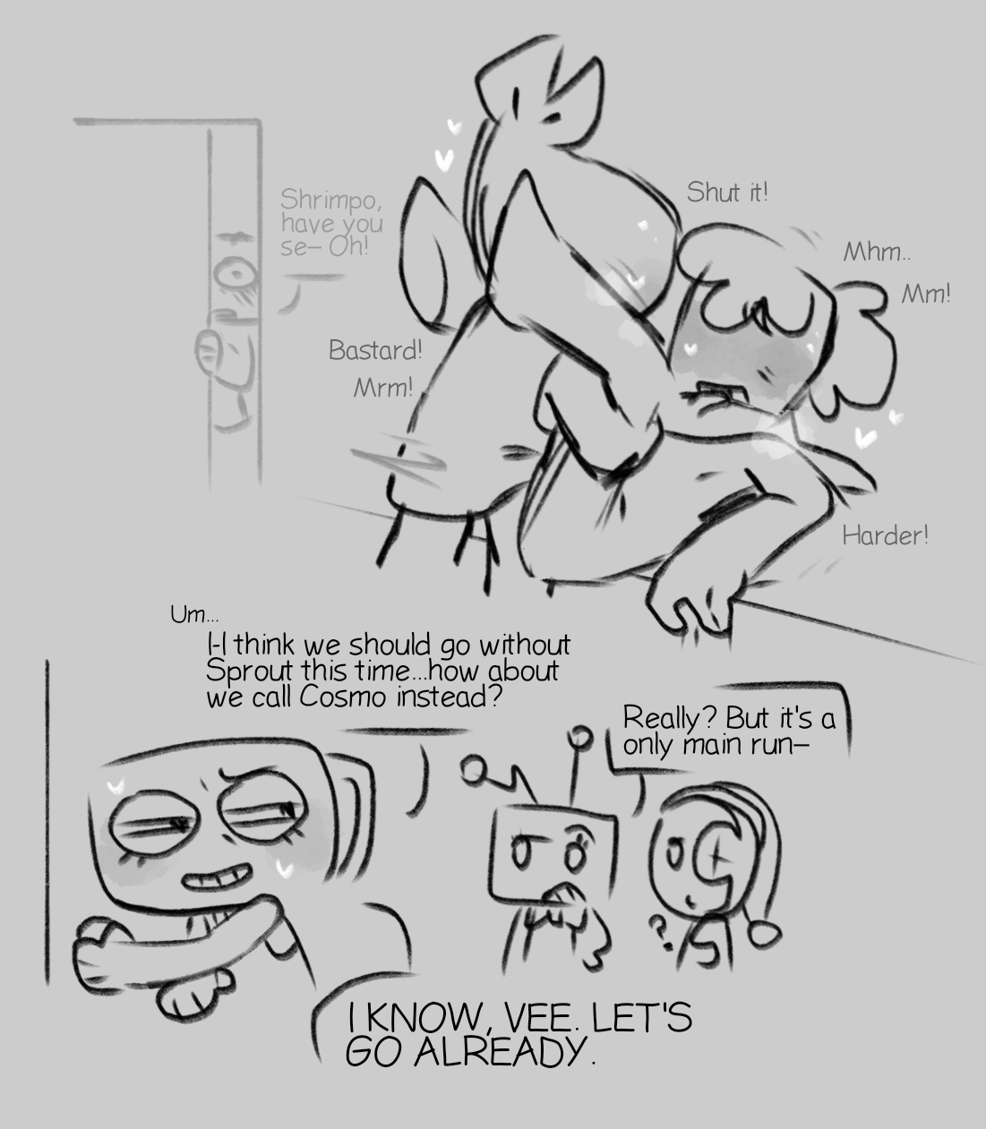 2boys, astro (dandy's world), comic, dandy's world, dandys world, degrading, dialogue, doodle, embarrassed, idk what to tag it, monochrome, no visible genitalia, on bed, passivealien, shelly (dandy's world), shrimpo (dandy's world), sprout (dandy's world), vee (dandy's world)
