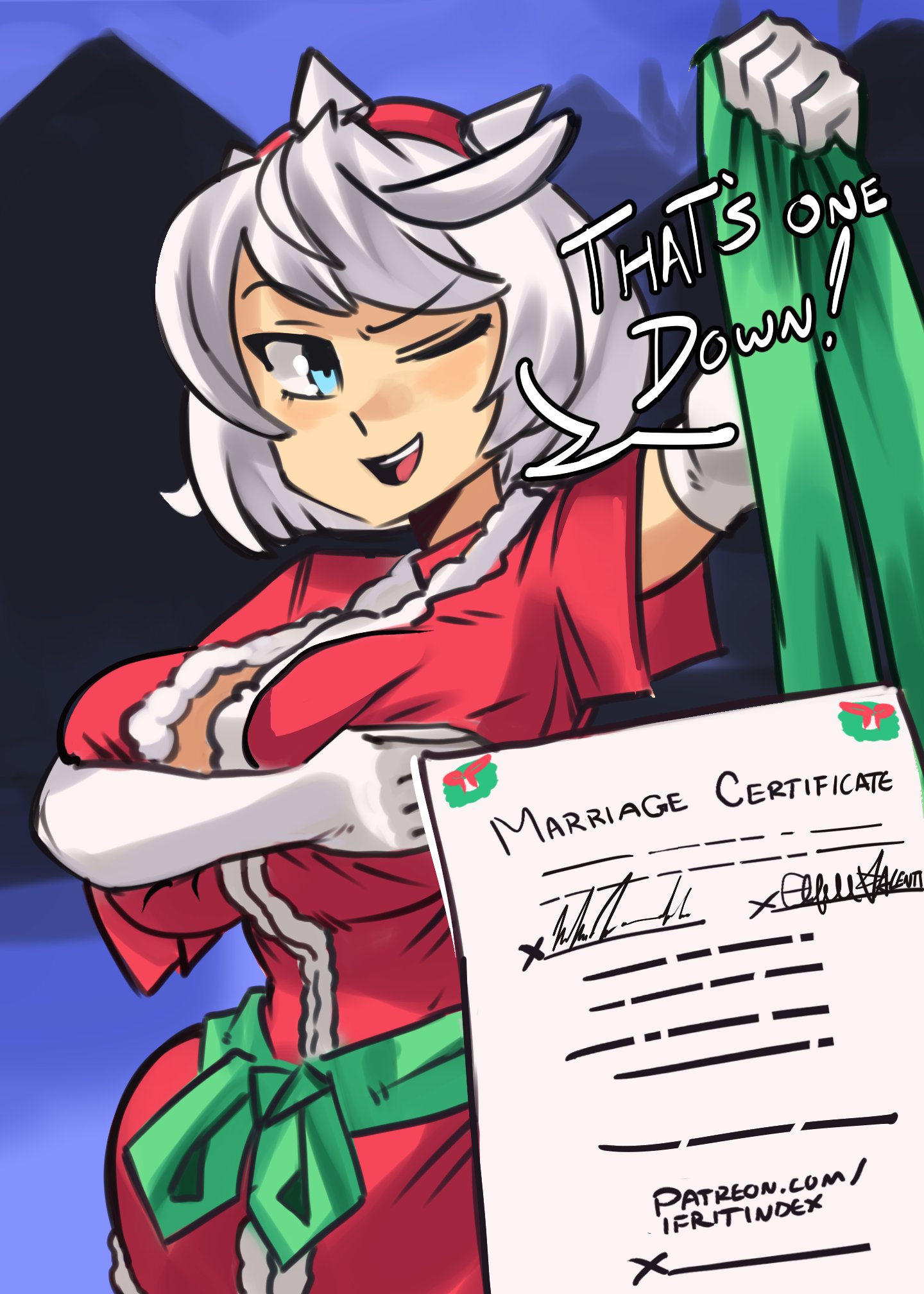 ahoge, blue eyes, bob cut, breasts, choker, cleavage, commentary, dress, elphelt valentine, english commentary, female, female only, gloves, green ribbons, green trim, guilty gear, guilty gear strive, hairband, highres, holding, holding paper, huge ahoge, large breasts, mistletoe, moxydraws, moxydrawsmore, one eye closed, open mouth, paper, red choker, red hairband, ribbon, santa costume, santa dress, short hair, smile, solo, spiked hairband, spikes, white gloves, white hair