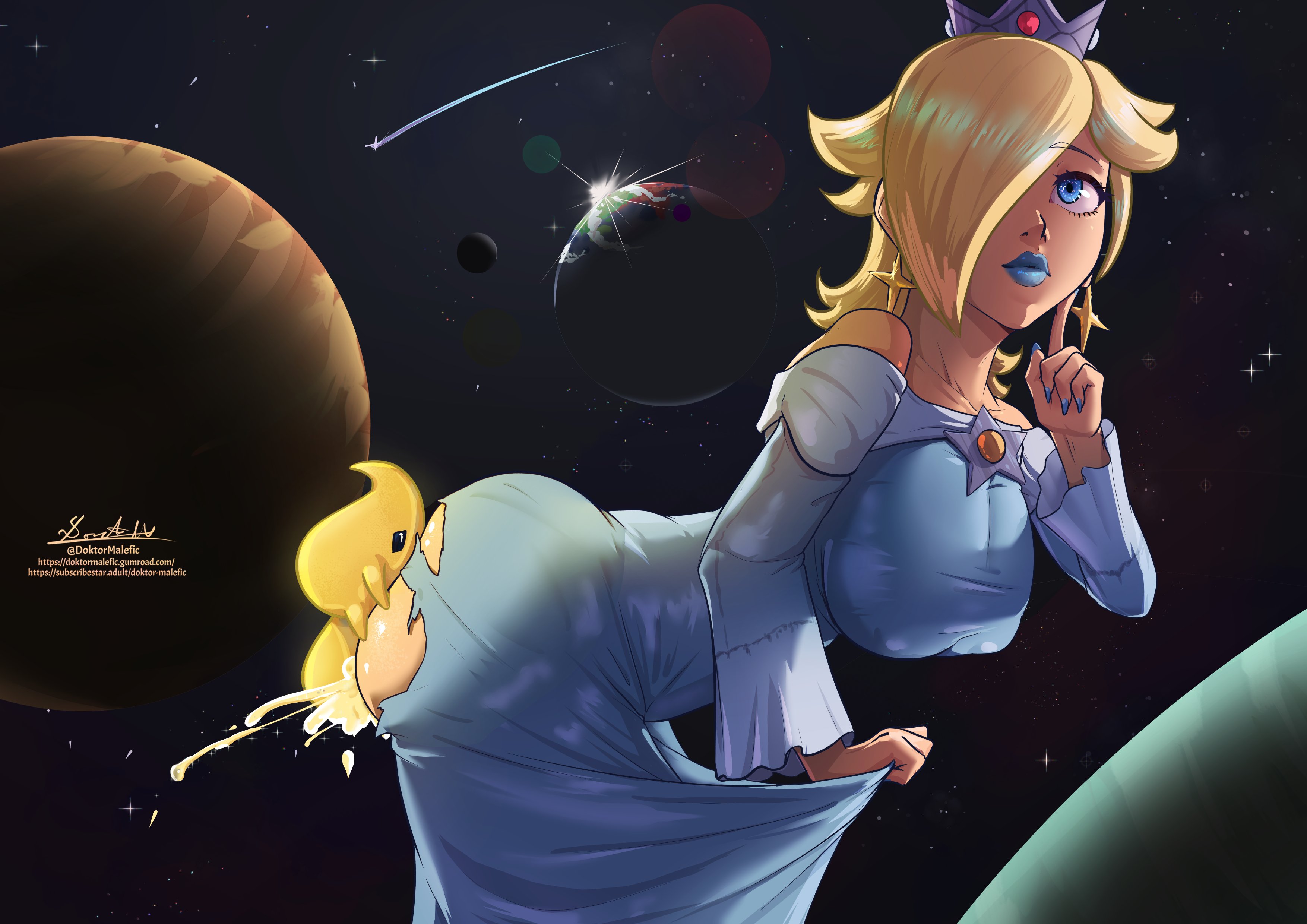 1boy1girl, big ass, big breasts, big penis, blonde hair, blue dress, blue lipstick, blue nails, crown, cum, cum inside, doktor malefic, dress, hair over one eye, larger female, lipstick, luma, mario (series), penetration, penis, princess, princess rosalina, sex, sex from behind, sex through torn clothes, small but hung, smaller male, super mario bros., super mario galaxy