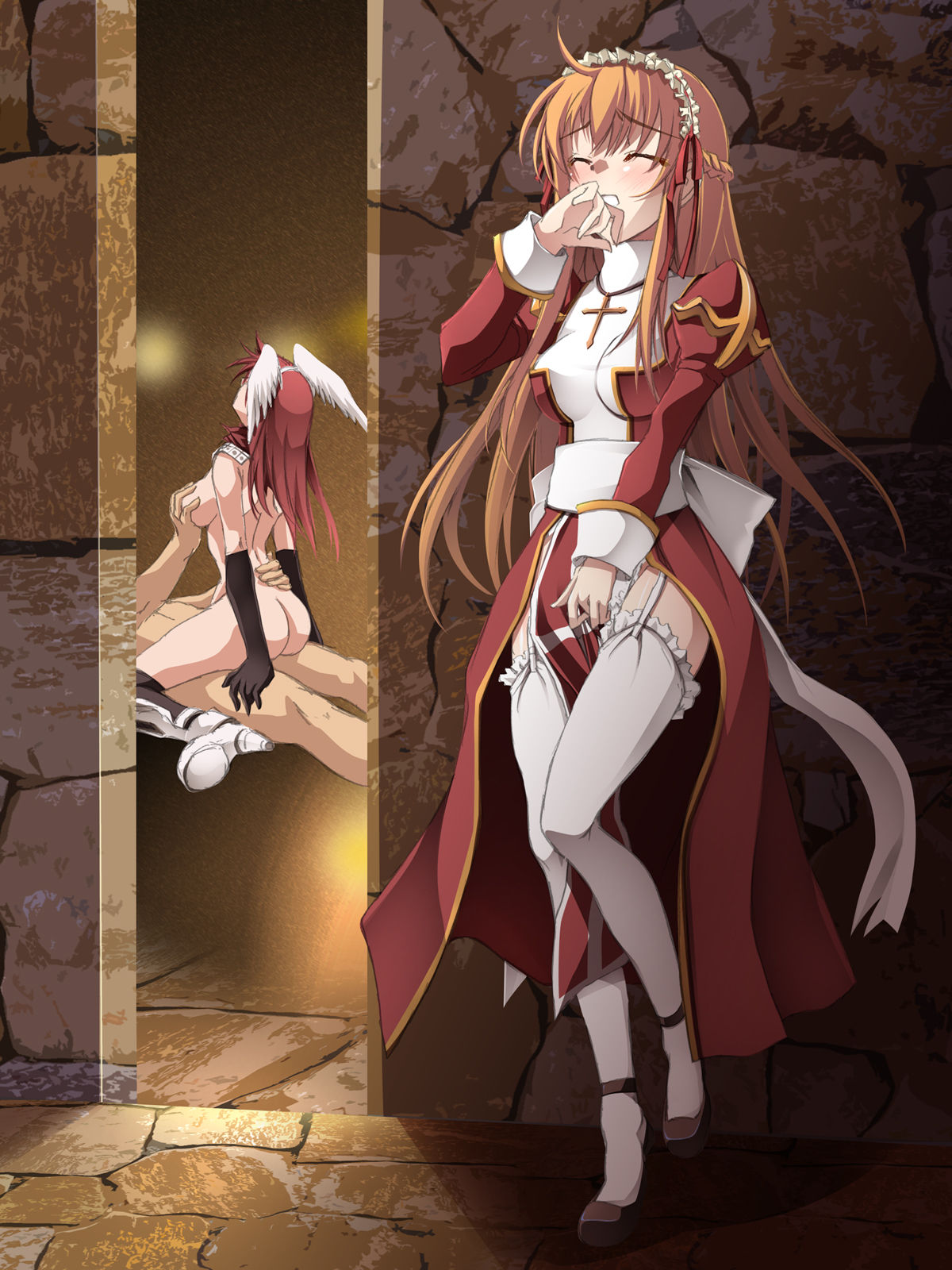 1boy 2girls ass assassin_cross blush closed_eyes clothed_female cowgirl_position cross_necklace female_masturbation full_body garter_straps high_priest highres kyoro_(cothurnus) masturbating_while_watching masturbation nude_female ragnarok_online red_hair sex standing stone_floor stone_wall tagme thighhighs voyeur