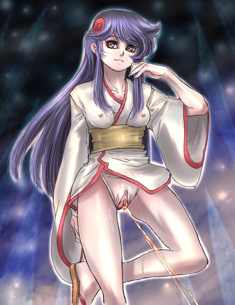 1girls 2010 blue_hair breasts dororon_enma-kun erect_nipples female ibu_(kateibu) japanese_clothes kimono long_hair panties peeing pussy smile underwear yuki_onna yukiko_hime