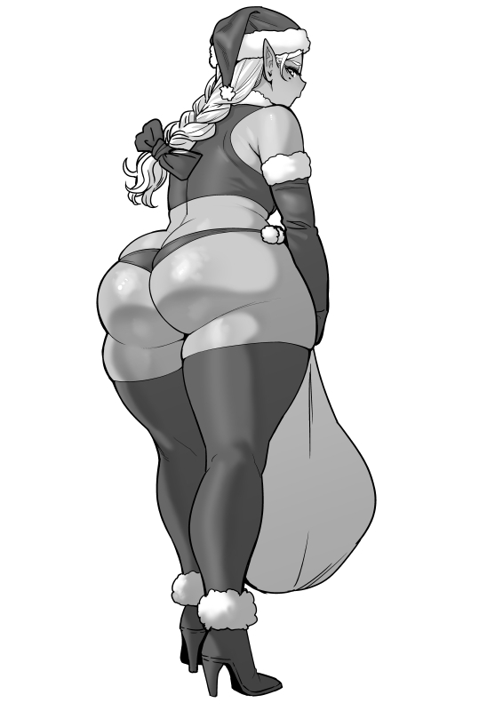 1girls, about to burst, ass, ass too big, barely contained, barely contained ass, barely fits, big ass, curvy female, curvy hips, dark elf, dark-skinned female, elf, elf ears, elf-san wa yaserarenai, female, huge ass, ill fitting clothing, ill-fitting clothes, imminent wardrobe malfunction, inconvenient ass, inconvenient butt, kuroeda, looking at viewer, looking back, looking down, santa costume, santa hat, side eye, slightly chubby, slightly chubby female, straining clothing, synecdoche, thick thighs, thong, tight clothes, tight clothing, tight fit, tight fitting clothing, too small clothes, too tight, undersized clothes, undersized clothing, wide hipped female, wide hips