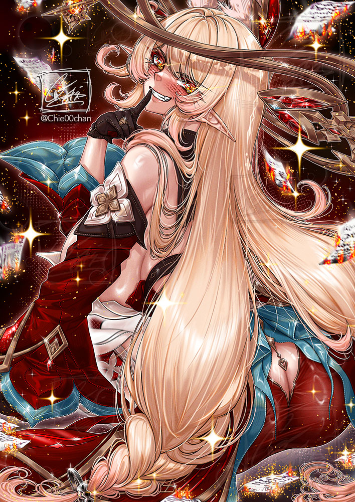1girls, alice (genshin impact), ass, blonde hair, breasts, chie00chan, female, female focus, female only, genshin impact, large ass, large breasts, light skin, light-skinned female, looking at viewer, looking back, mature female, milf, solo, thighs, wide hips