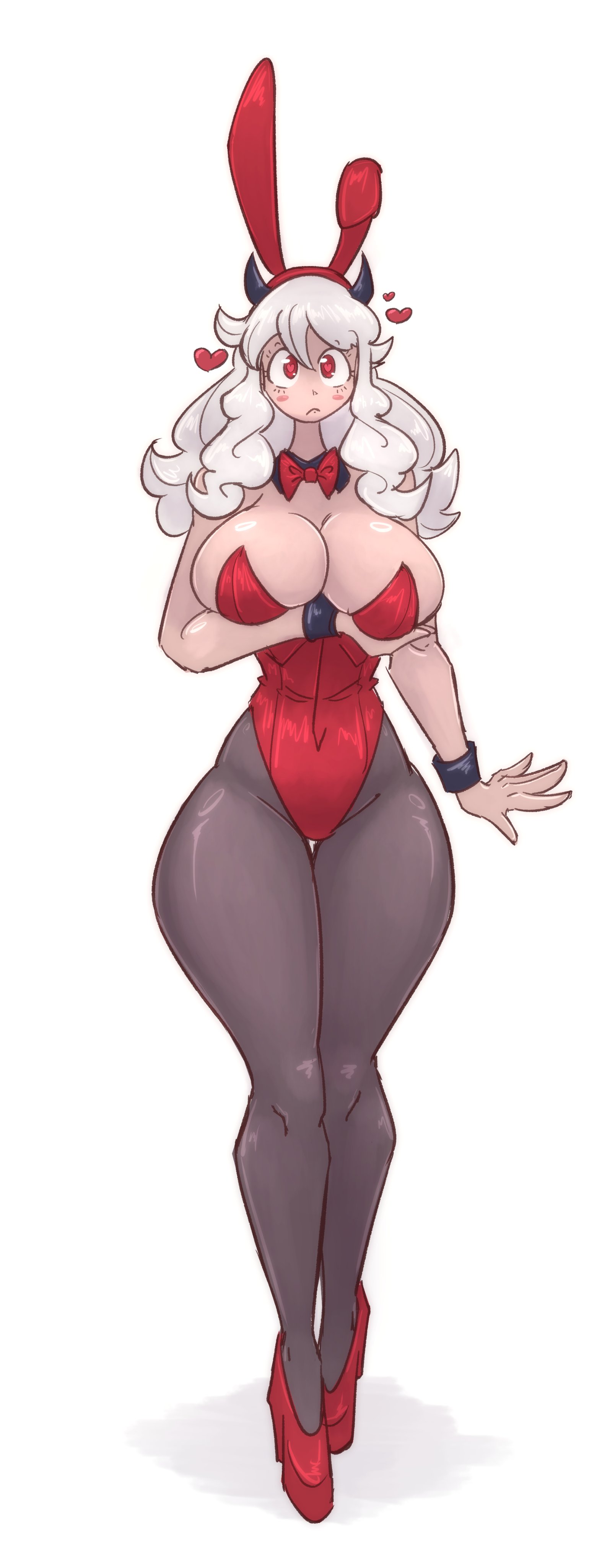 1girls, arm under breasts, big breasts, blush, bowtie, breasts, bunny ears, bunnysuit, cleavage, curvy, curvy figure, demon girl, facing viewer, fake animal ears, fake bunny ears, female, female focus, female only, floating heart, full body, heart, heart symbol, heart-shaped pupils, helltaker, high heels, horns, huge breasts, large breasts, long hair, looking at viewer, modeus (helltaker), mokkoyu, pantyhose, playboy bunny, red eyes, simple background, skindentation, solo, solo female, solo focus, standing, tail, thick thighs, thighs, white background, white hair, wide hips