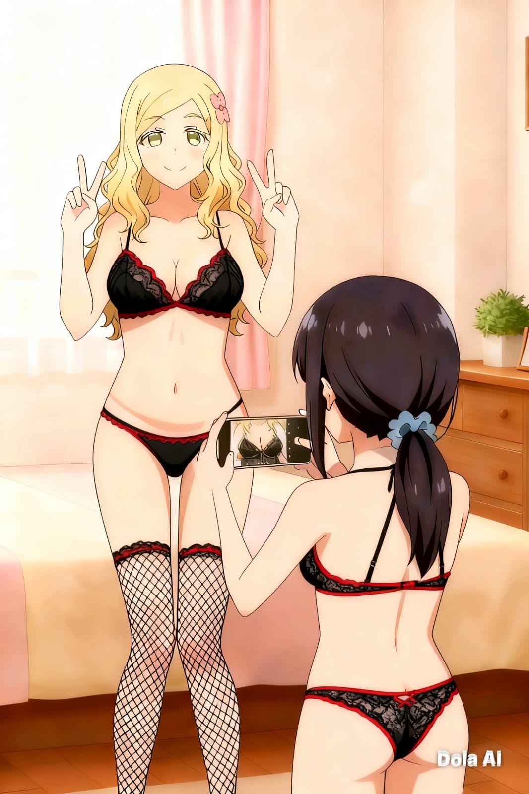 2girls, ai generated, artist logo, artist name, bikini, black panties, carol olston, cleavage, gundou misuzu, lowleg, lowleg panties, tomo-chan wa onna no ko