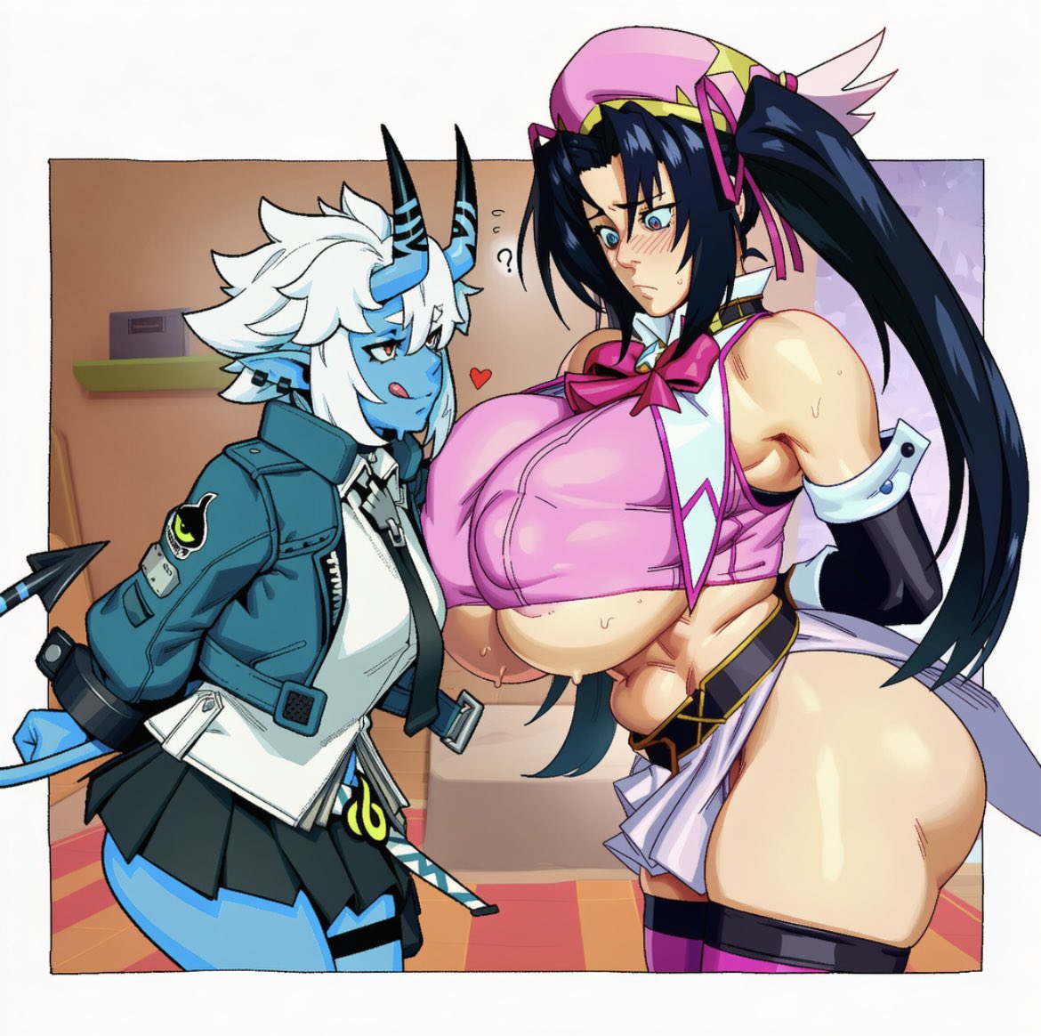 :q, ?, 1futa, 1girls, 2d, ai generated, anthro, areola, areola slip, areolae, areolae slip, arms behind back, ass, bare shoulders, belt, beret, big areola, big ass, big breasts, big butt, big nipples, big thighs, black hair, blue body, blue eyes, blue skin, blush, breast press, breasts, clothes, clothing, colored skin, crop top, cuffs, cuffs (clothing), demon, demon futa, demon girl, demon horns, demon tail, duo, earrings, elbow gloves, female, futa with female, futanari, gloves, half-closed eyes, hat, heart, height difference, high school dxd, horns, huge breasts, imminent sex, jacket, large areolae, large ass, large breasts, large butt, large thighs, licking lips, long hair, looking at another, medium breasts, navel, necktie, nipple bulge, nipples, nipples visible through clothing, no bra, oni, oni female, oni futa, oni horns, onilapper, open jacket, pleated skirt, pointy ears, red eyes, serafall leviathan, shirt, short hair, size difference, skirt, smaller futa, soukaku (zenless zone zero), sweat, tail, thick ass, thick thighs, thigh strap, thighhighs, thighs, tongue, twintails, underboob, white hair, zenless zone zero