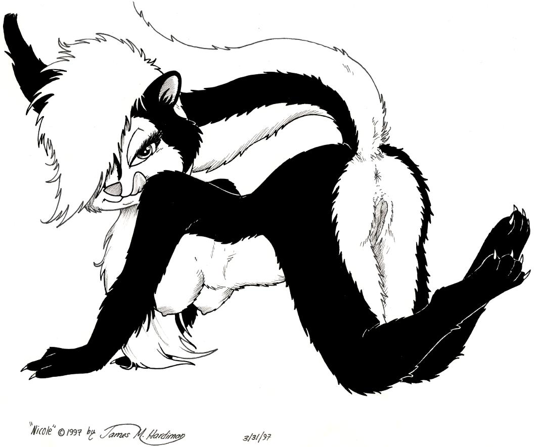 all_fours anthro anus black_and_white breasts female james_m_hardiman looking_at_viewer monochrome nichole presenting pussy raised_tail seductive skunk solo tail