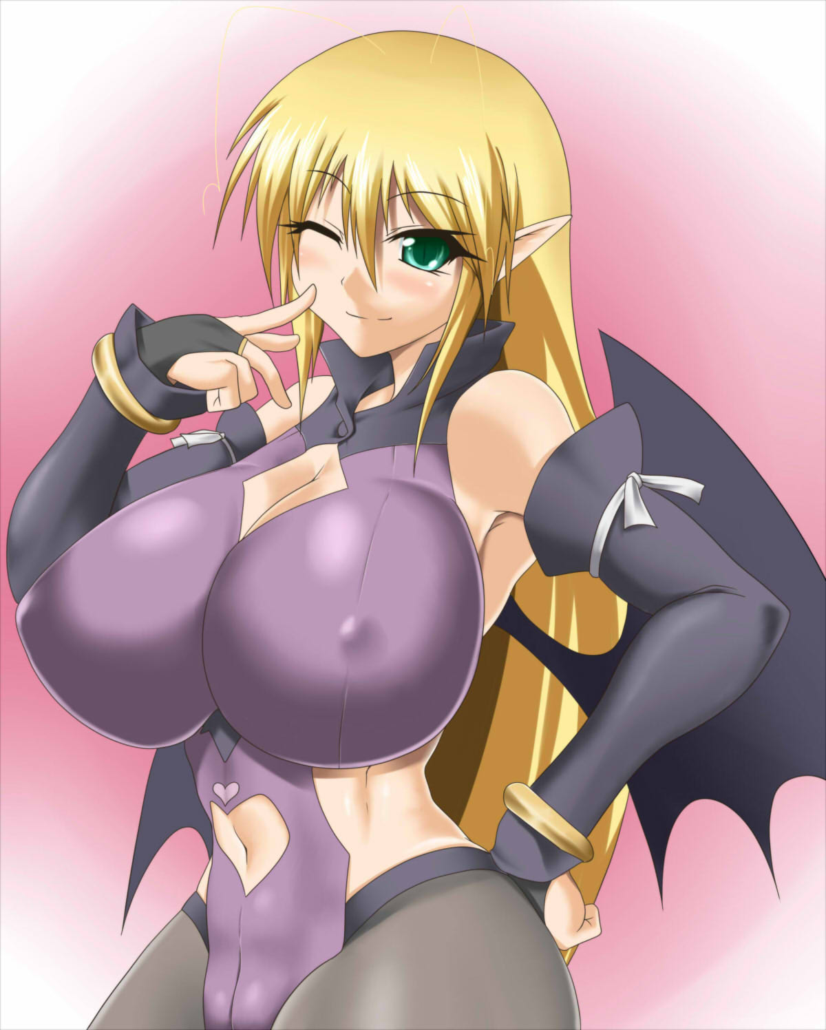 artist_request big_breasts blush breasts cameltoe cleavage erect_nipples highres lotte_no_omocha! mercelida_ygvar milf mother navel navel_cutout pointy_chin pointy_ears side_cutout smile succubus succubus_costume succubus_wings wings wink