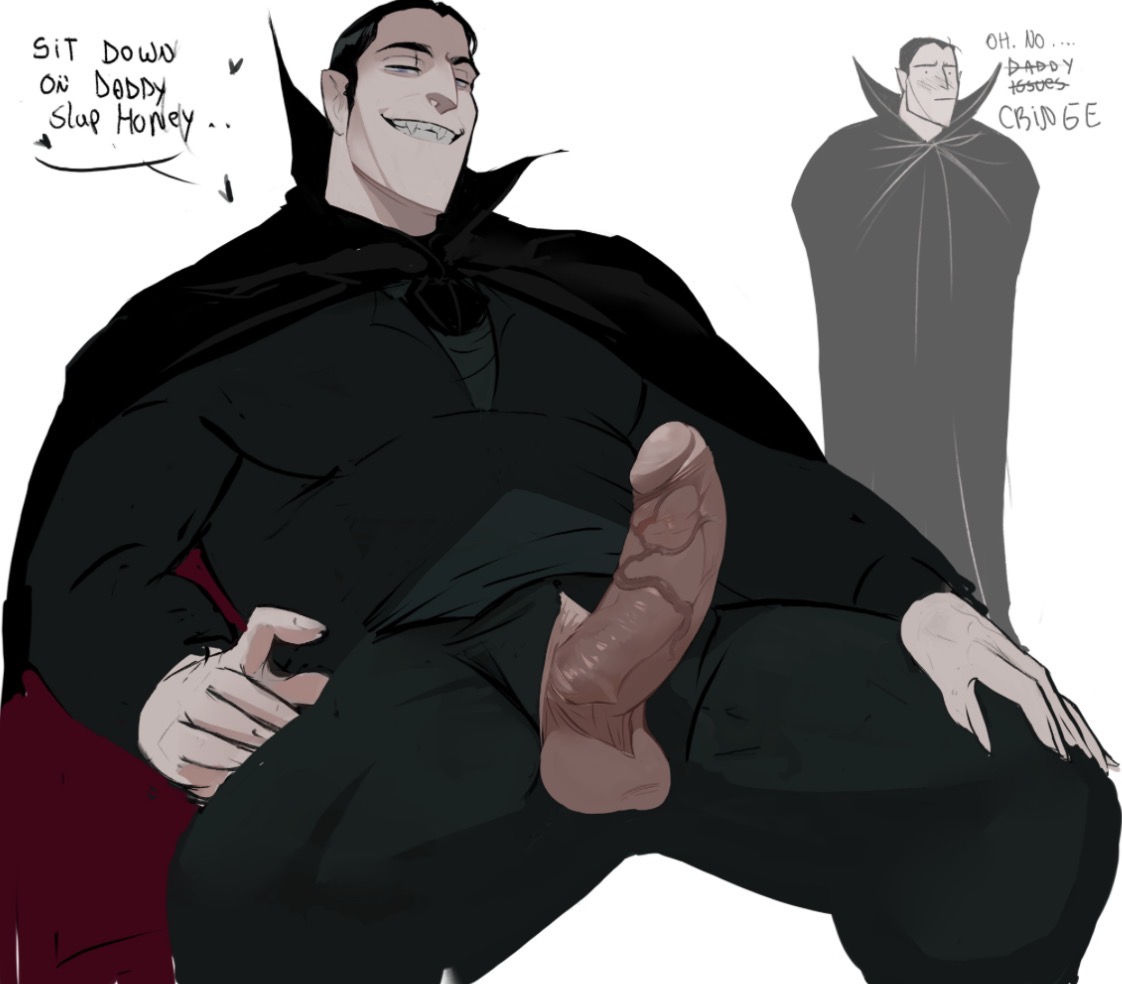 big cock, big dick, big penis, black hair, cape, clothed, clothing, confident, dark hair, dialogue, dilf, dracula (hotel transylvania), english text, erection, fully clothed, heart, hotel transylvania, infestedcake, manspread, manspreading, seductive, seductive eyes, seductive look, seductive pose, seductive smile, text, veiny cock, veiny dick, veiny penis