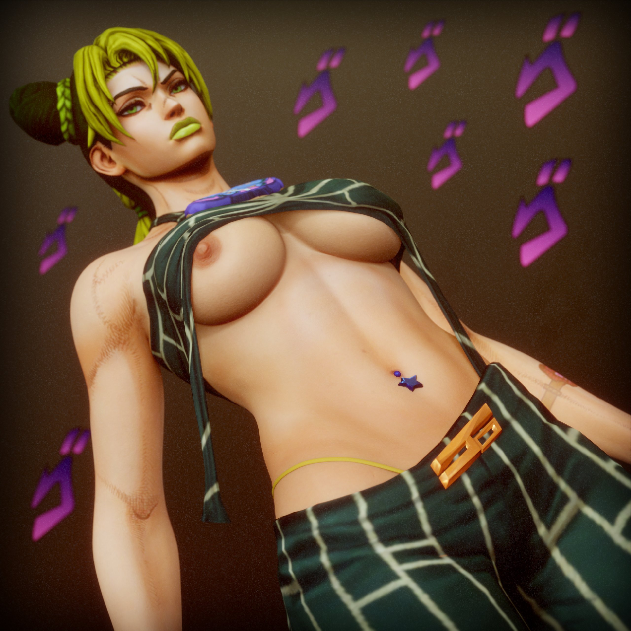 1girls, 3d, alternate version at source, american, american female, belly button piercing, belly piercing, big breasts, breasts, female, female only, jojo no kimyou na bouken, jojo's bizarre adventure, jolyne kujo, menacing (meme), navel piercing, nipple peek, nipples, pierced belly button, pierced navel, solo, stone ocean, twin drills, underboob, zynotheum
