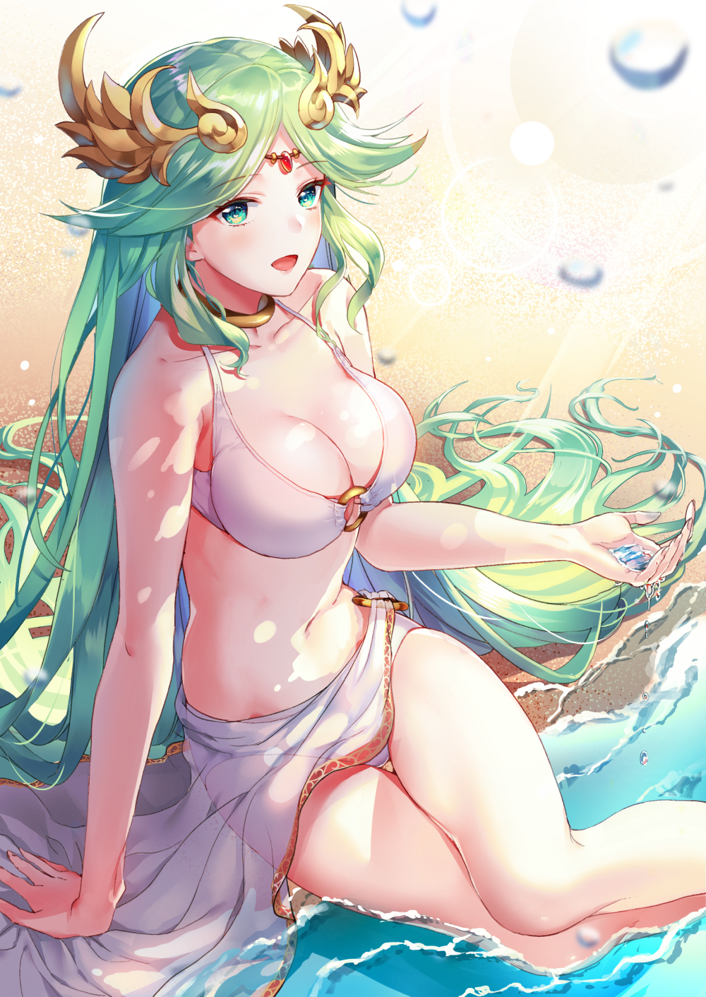 beach, big breasts, bikini, breasts, circlet, cleavage, collarbone, day, feet out of frame, female, from above, green eyes, green hair, hair ornament, hair spread out, highres, holding water, jewelry, kid icarus, kid icarus uprising, large breasts, lens flare, long hair, looking back, navel, neck ring, nintendo, o-ring, o-ring bikini, o-ring bottom, o-ring top, open mouth, palutena, sand, sarong, shadow, sidelocks, sitting, smile, soaking feet, solo, sunlight, super smash bros., swimsuit, thigh gap, thighs, very long hair, water, water drop, white bikini, yokozuwari, yuduki (tt-yuduki)