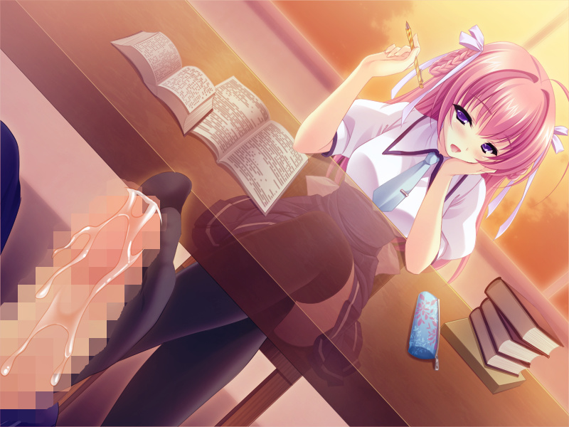 blush, censored, crossed legs, cum, feet, footjob, legs crossed, legwear, male, naughty face, penis, pink hair, purple eyes, sitting, stockings, thighhighs, under the table