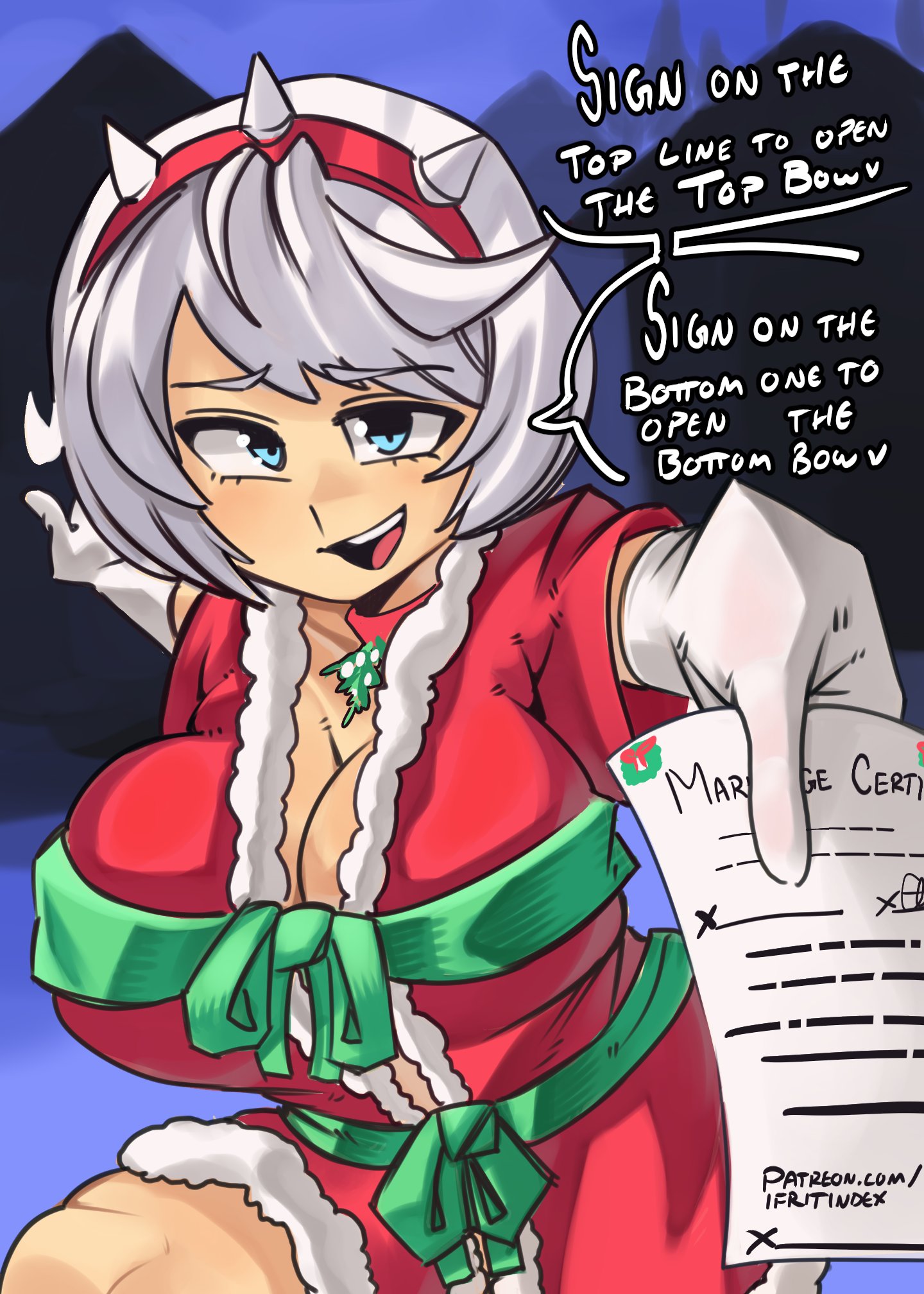 ahoge, blue eyes, bob cut, breasts, choker, cleavage, commentary, dress, elphelt valentine, english commentary, female, female only, gloves, green ribbons, green trim, guilty gear, guilty gear strive, hairband, highres, holding, holding paper, huge ahoge, large breasts, mistletoe, moxydraws, moxydrawsmore, open mouth, paper, red choker, red hairband, ribbon, santa costume, santa dress, short hair, smile, solo, spiked hairband, spikes, white gloves, white hair