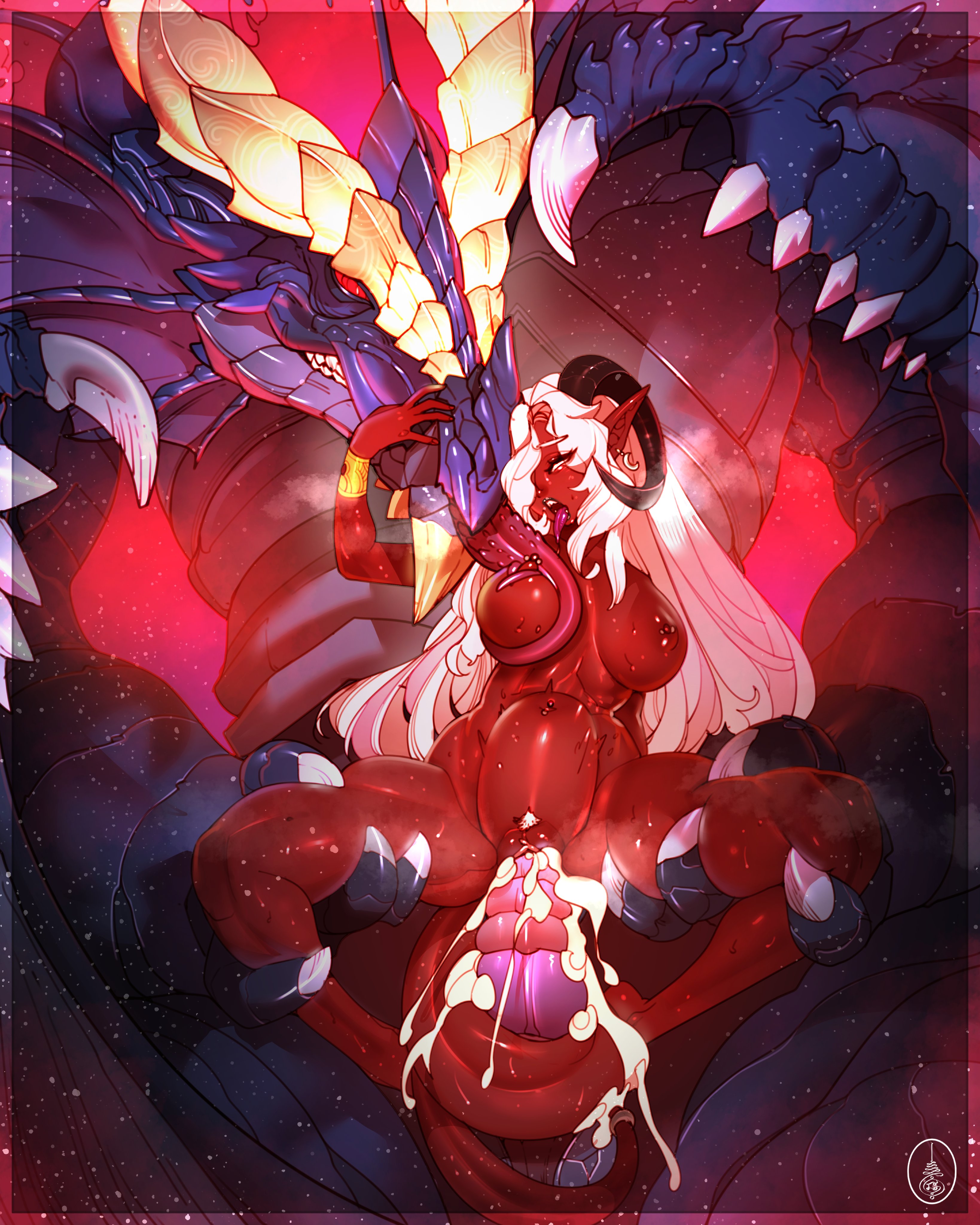 1girls, 1monster, after vaginal, cheunart, cheunchin, cum in pussy, dragon, horned female, indie virtual youtuber, interspecies, licking breast, looking pleasured, melissa belladonna, monster on female, pointy ears, red skin, size difference, stomach bulge, tiefling, virtual youtuber, white eyes, white hair