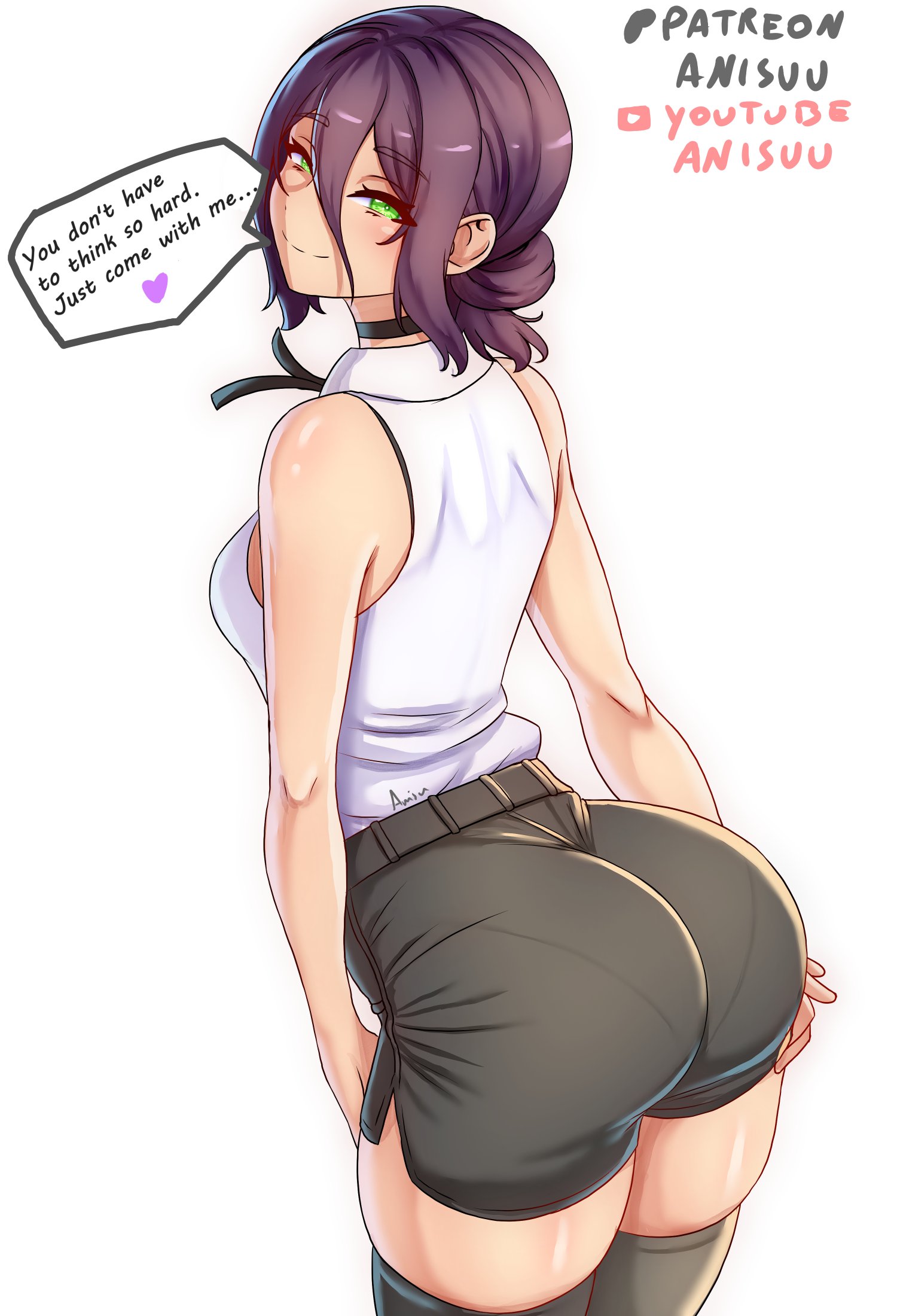 1girls, 2020, 2025, 2d, 2d (artwork), anisdrawn, armpit, artist name, ass, ass focus, bare shoulders, big ass, big breasts, big butt, black choker, black shorts, black thighhighs, blush, breasts, butt, chainsaw man, choker, cleavage, clothed, clothed female, commentary, english commentary, english text, female, female focus, female on cloth, female only, from behind, fully clothed, green eyes, hair between eyes, highres, looking at viewer, looking back, medium breasts, nervous, nervous smile, open mouth, paag, pantylines, patreon username, pinup, ponytail, purple hair, questionable, rain, realistic proportions, reze (chainsaw man), shirt, short hair, shorts, simple background, sitting, skirt, sleeveless, sleeveless shirt, smiling, smiling at viewer, solo, solo female, solo focus, speech bubble, sweat, talking to viewer, text, thighhighs, thighs, tie, white background, white shirt, youtube username