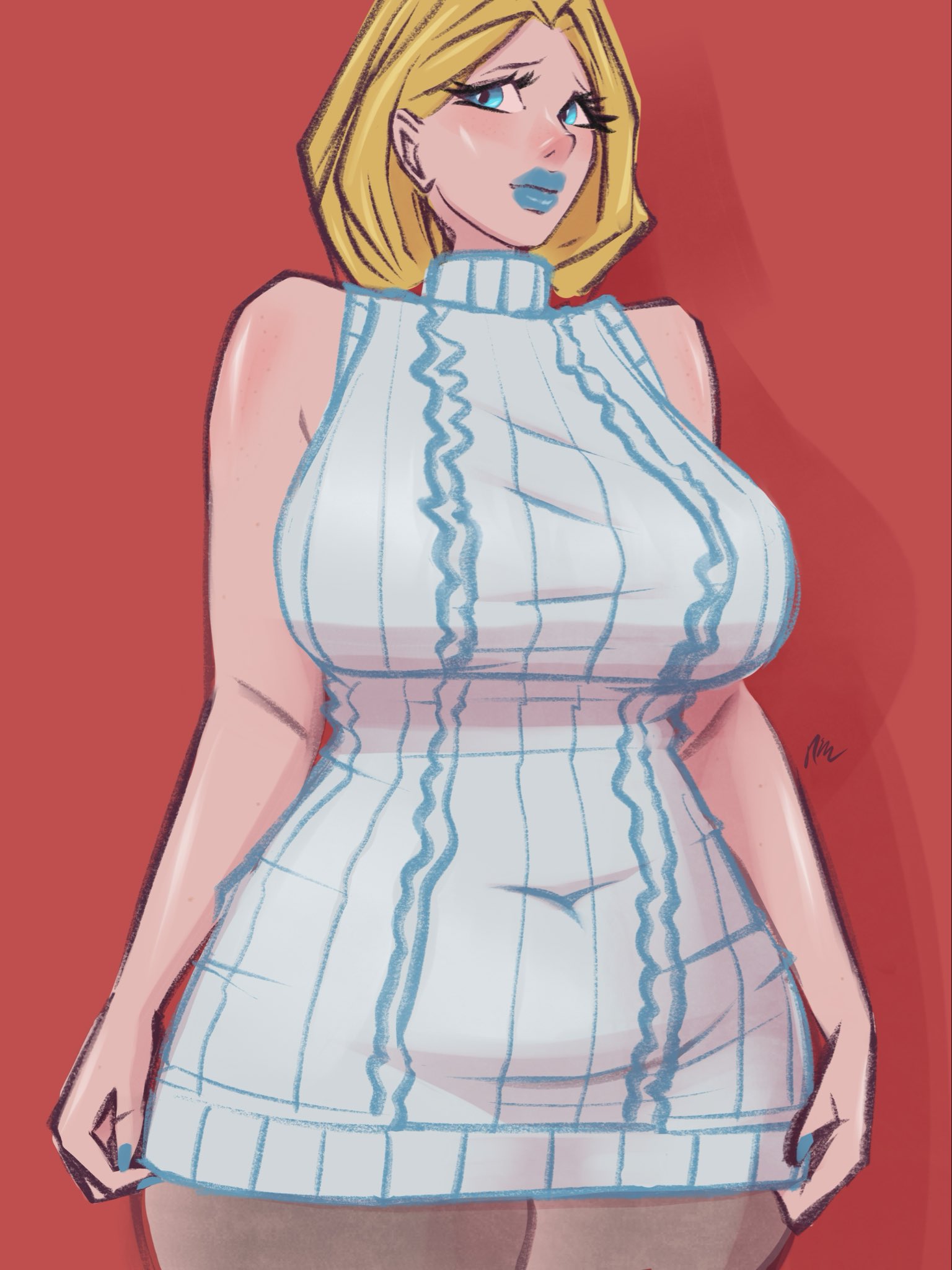 belly, big breasts, blonde female, blonde hair, blue eyes, blue lipstick, breasts, chubby, chubby female, curvaceous, curvy, curvy figure, dress, emma frost, emma frost (marvel rivals), eyelashes, fancylazard, female, hips, huge breasts, large breasts, light skin, light-skinned female, marvel, marvel rivals, short hair, sweater dress, thick, thick thighs, thighs, tight clothing, wide hips, x-men