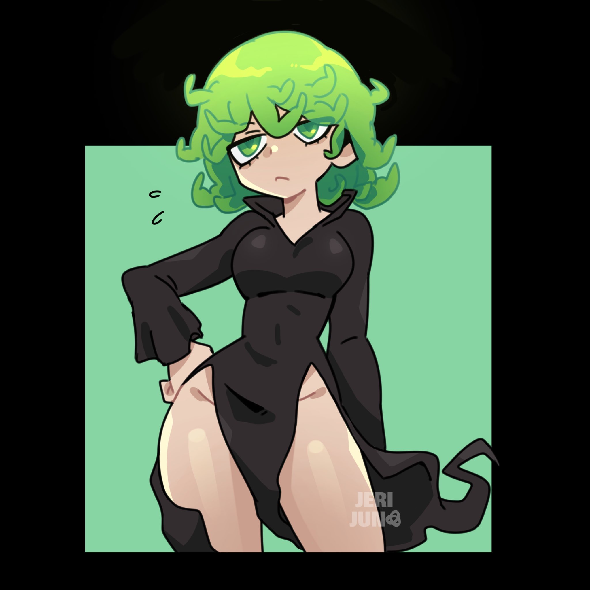 1girls, artist request, breasts, dress, female, female focus, female only, jerijuno, light skin, light-skinned female, one-punch man, solo, tatsumaki, thick thighs, thighs, wide hips