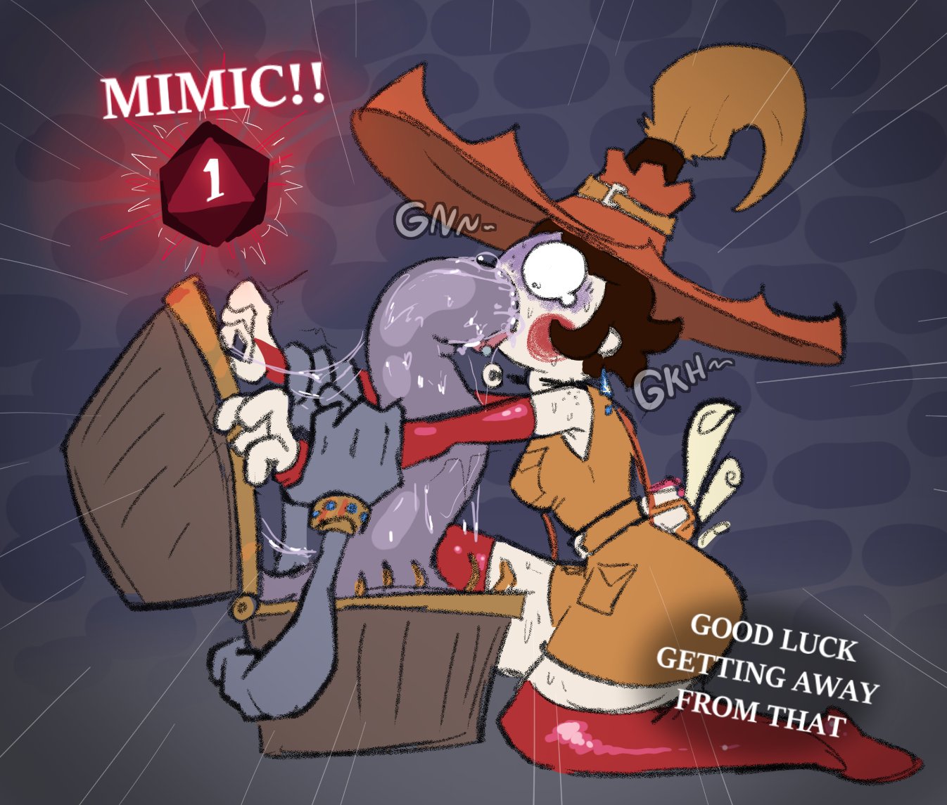 algob4v, bav, defeated, defeated heroine, dungeons and dragons, forced, forced oral, linda (algob4v), mimic, mimic chest, oral, oral sex, rape, raped by enemy, raped by monster, tentacle, tentacle sex, text