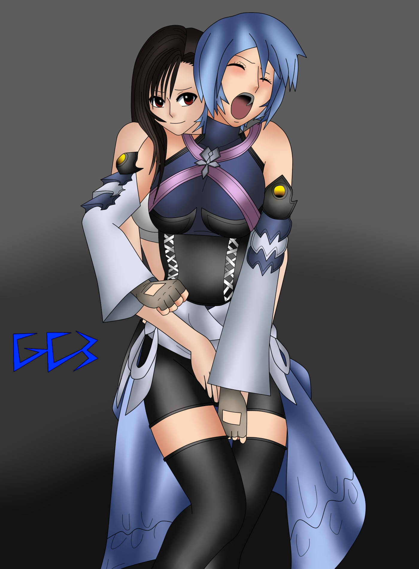 2girls, aqua (kingdom hearts), big breasts, black hair, black-haired female, blue hair, blue-haired female, blush, breasts, disney, female, female only, final fantasy, final fantasy vii, human, kingdom hearts, multiple females, square enix, tifa lockhart, yuri