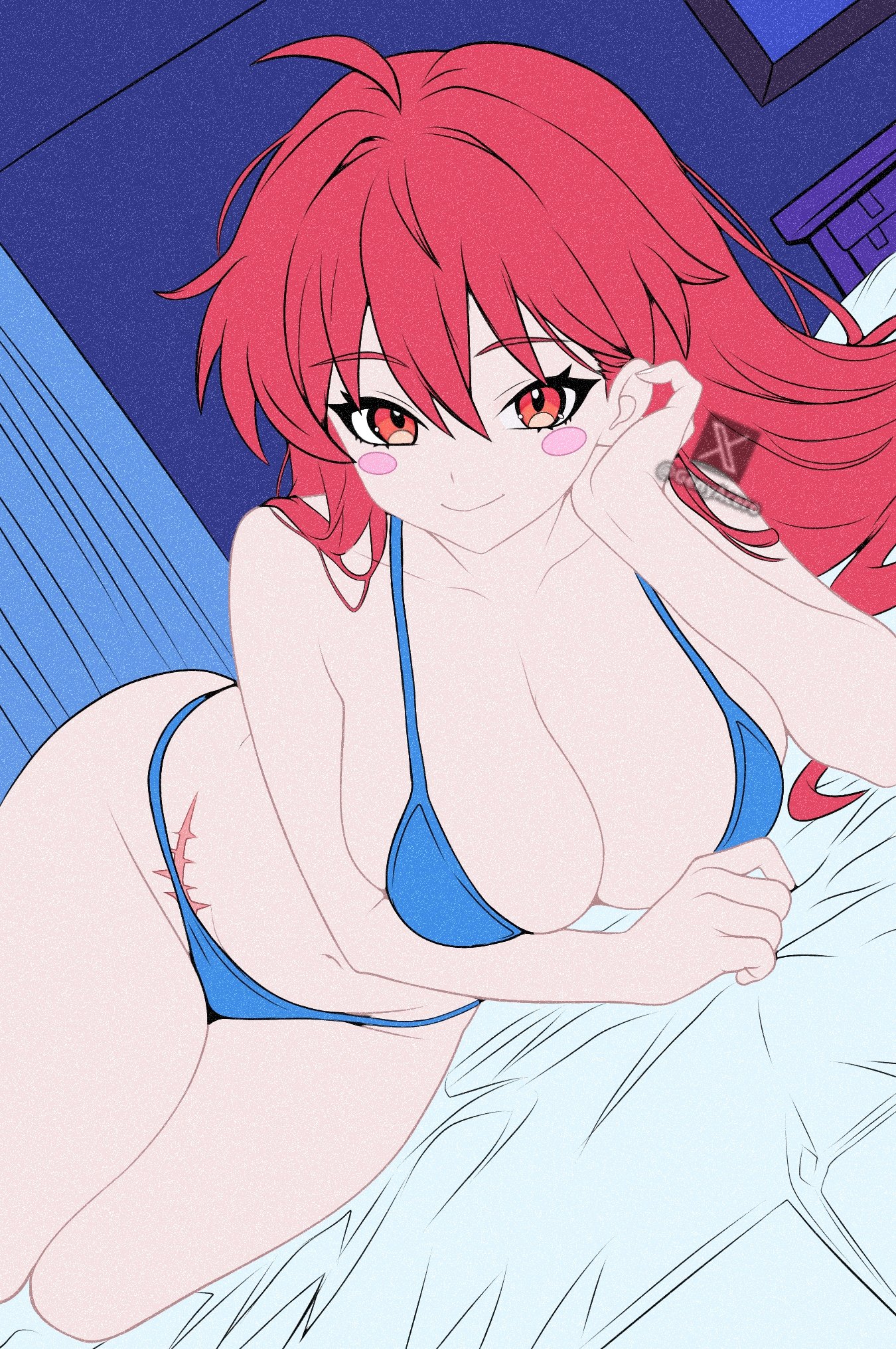 1girls, alternate breast size, artist name, bedroom eyes, big breasts, bikini, breasts, celeste (game), dutch angle, female, genyacero, head on hand, hi res, large breasts, laying on bed, long hair, looking at viewer, madeline (celeste), red eyes, red hair, scar, seductive look, smile, solo, thick thighs, trans woman, trans woman (lore), transfem, watermark