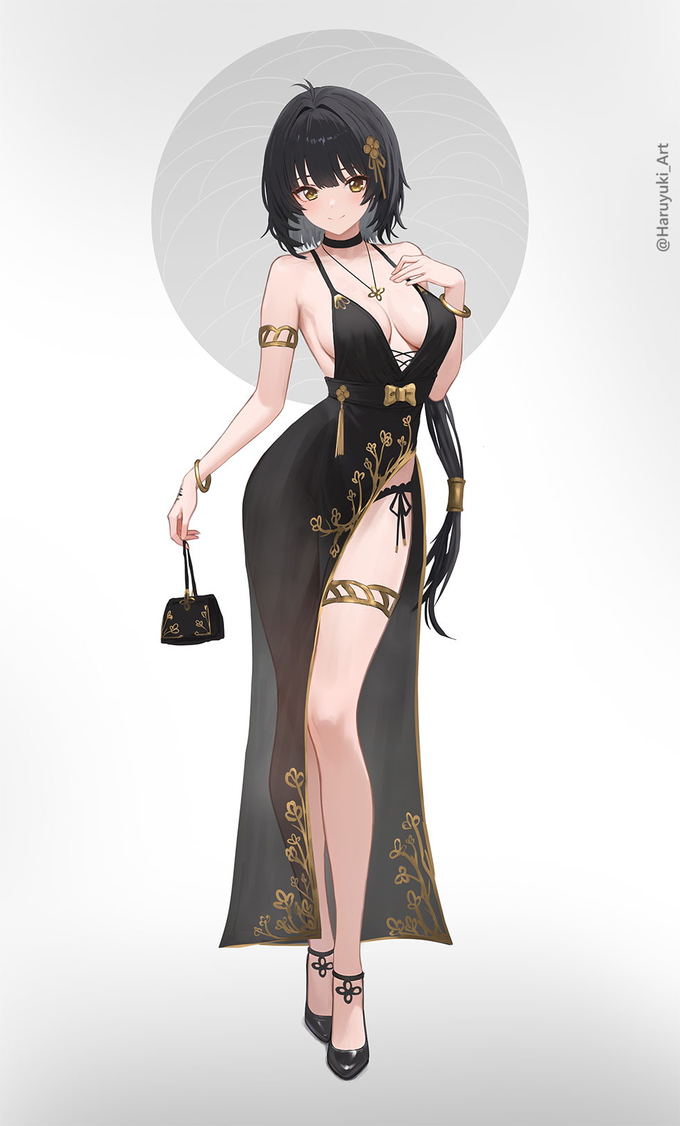 1girls, black dress, black hair, breasts, dress, exposed breasts, female, female only, female rover (wuthering waves), legs, long hair, ponytail, rover (wuthering waves), wuthering waves, yellow eyes