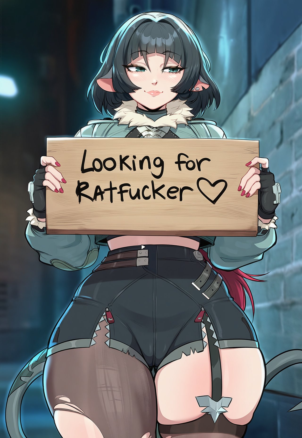 1girls, ai generated, black hair, blush, blush lines, dijiai, female, green eyes, hair, jane doe (zenless zone zero), light skin, light-skinned female, nail polish, rat, rat ears, rat girl, rat tail, red nails, short hair, solo, solo female, text, thick thighs, thighs, zenless zone zero