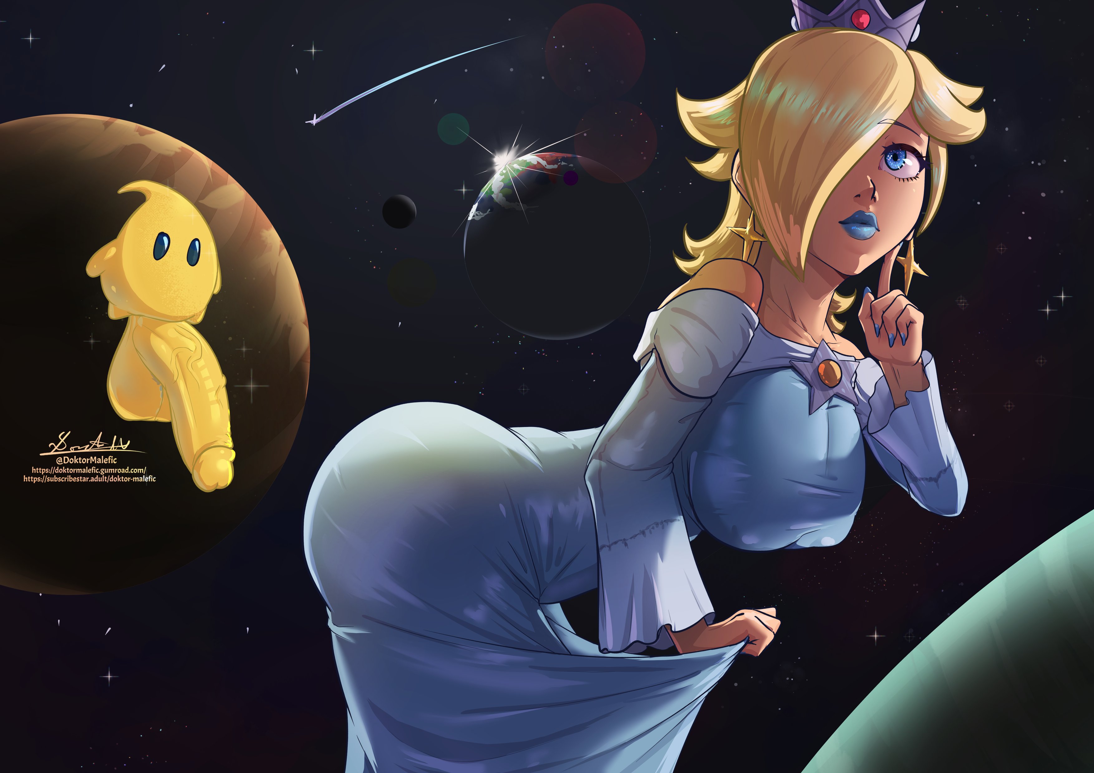 1boy1girl, 2d, 2d (artwork), big ass, big breasts, big penis, blonde hair, blue dress, blue lipstick, blue nails, crown, doktor malefic, dress, hair over one eye, imminent sex, larger female, lipstick, luma, mario (series), penis, princess, princess rosalina, small but hung, smaller male, super mario bros., super mario galaxy